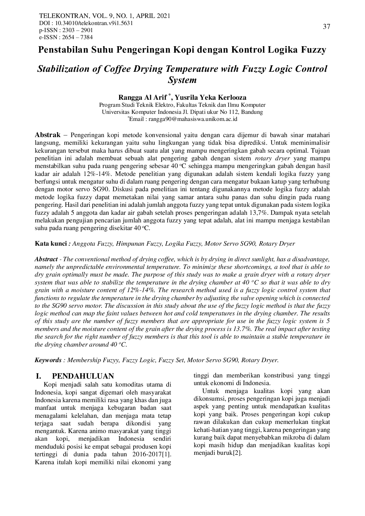 JURIS Penstabilan Suhu Pengeringan Kopi dengan Kontrol Logika Fuzzy
