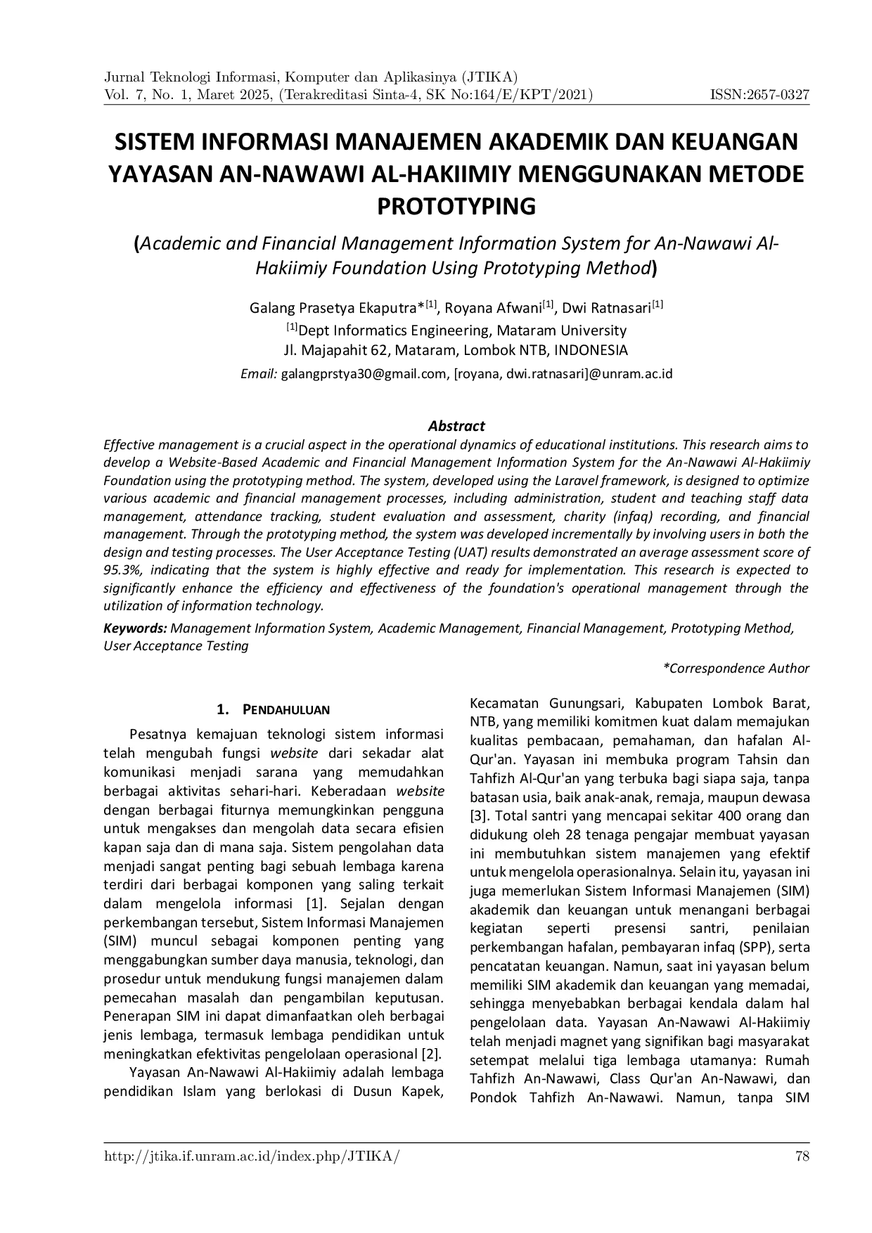 JURIS Sistem Informasi Manajemen Akademik dan Keuangan Yayasan An Nawawi Al Hakiimiy Menggunakan Metode Prototyping