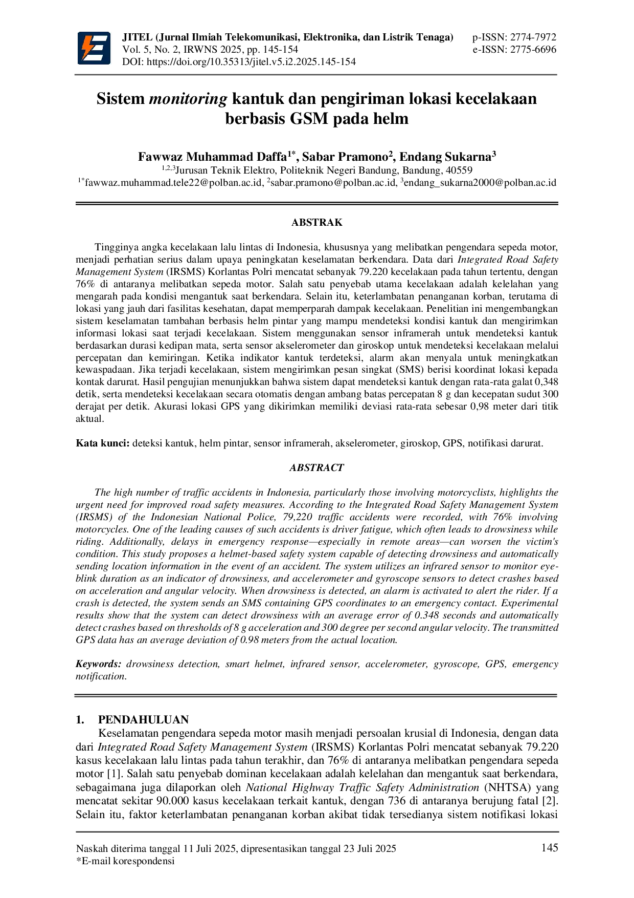 JURIS Sistem monitoring kantuk dan pengiriman lokasi kecelakaan berbasis GSM pada helm