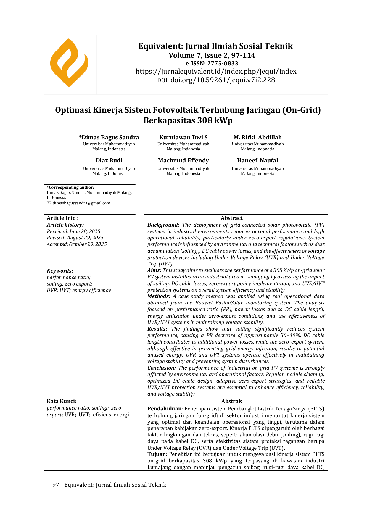 JURIS Optimasi Kinerja Sistem Fotovoltaik Terhubung Jaringan On Grid Berkapasitas 308 kWp