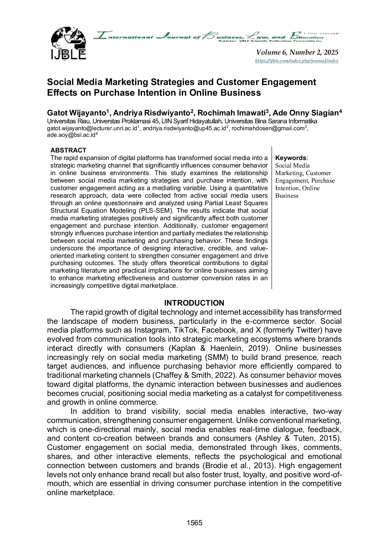 JURIS Social Media Marketing Strategies and Customer Engagement Effects on Purchase Intention in Online Business