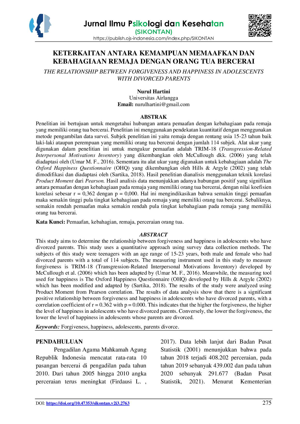 JURIS Keterkaitan Antara Kemampuan Memafkan Dan Kebahagiaan Remaja Dengan Orang Tua Bercerai