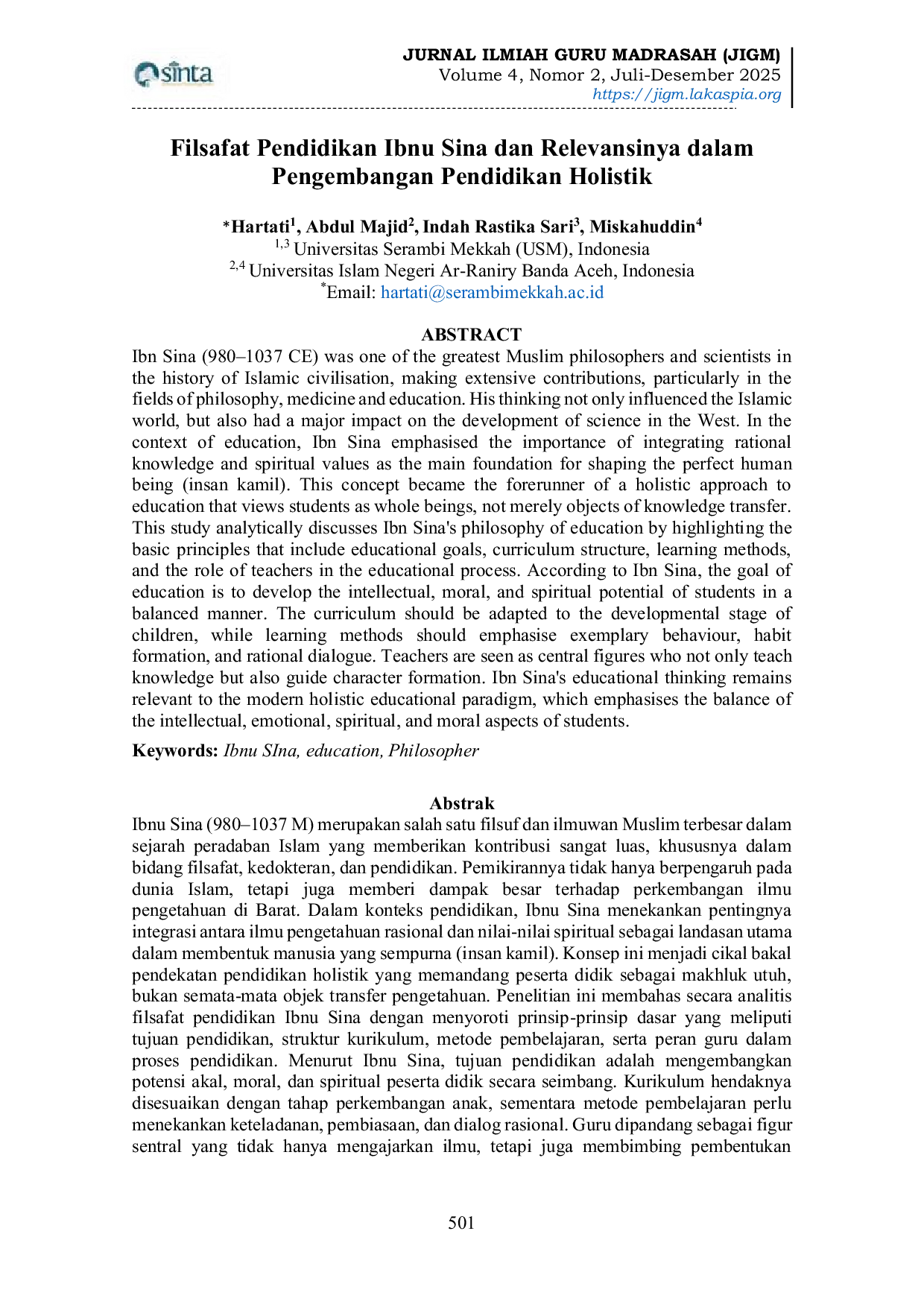 JURIS Filsafat Pendidikan Ibnu Sina dan Relevansinya dalam Pengembangan Pendidikan Holistik
