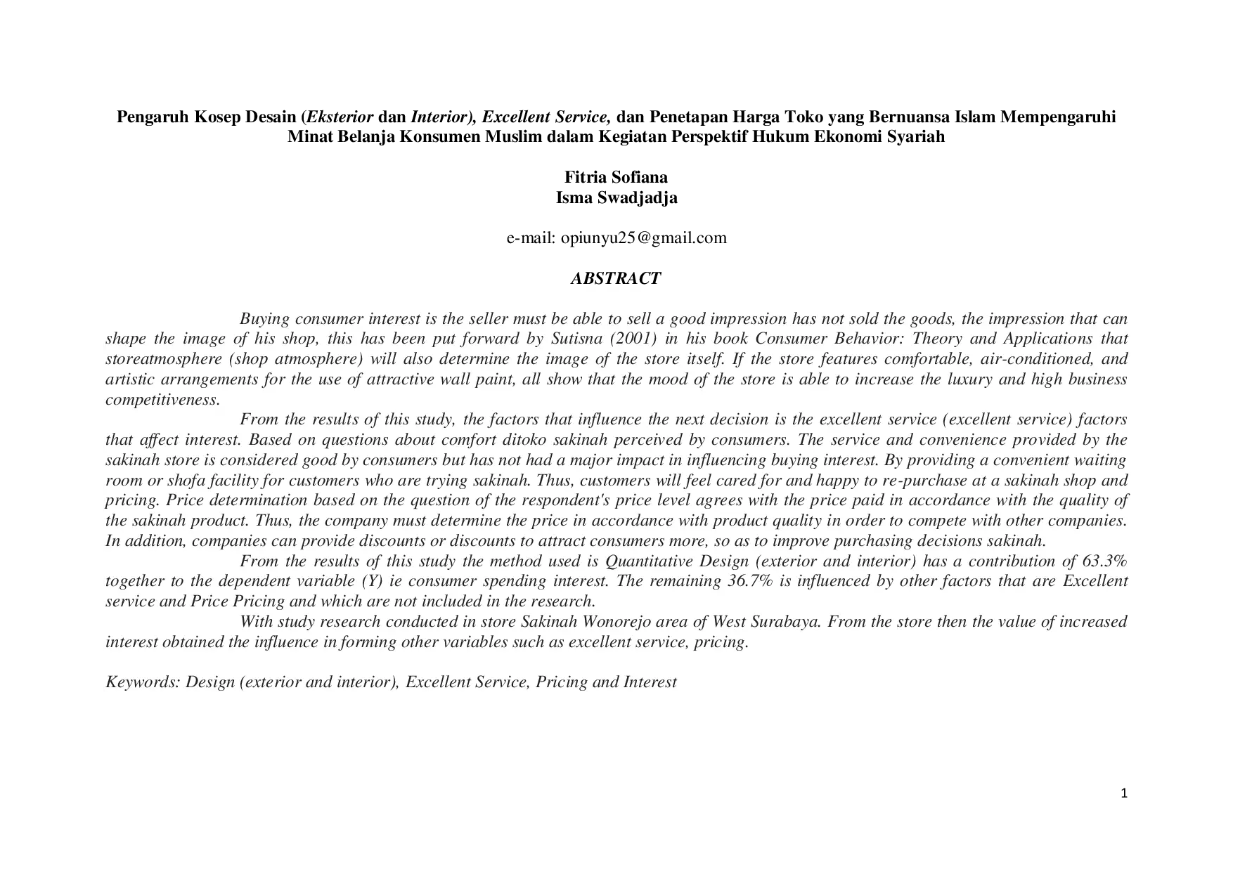 JURIS Pengaruh Kosep Desain Eksterior dan Interior Excellent Service dan Penetapan Harga Toko yang Bernuansa Islam Mempengaruhi Minat Belanja Konsumen Muslim dalam Kegiatan Perspektif Hukum Ekonomi Syar
