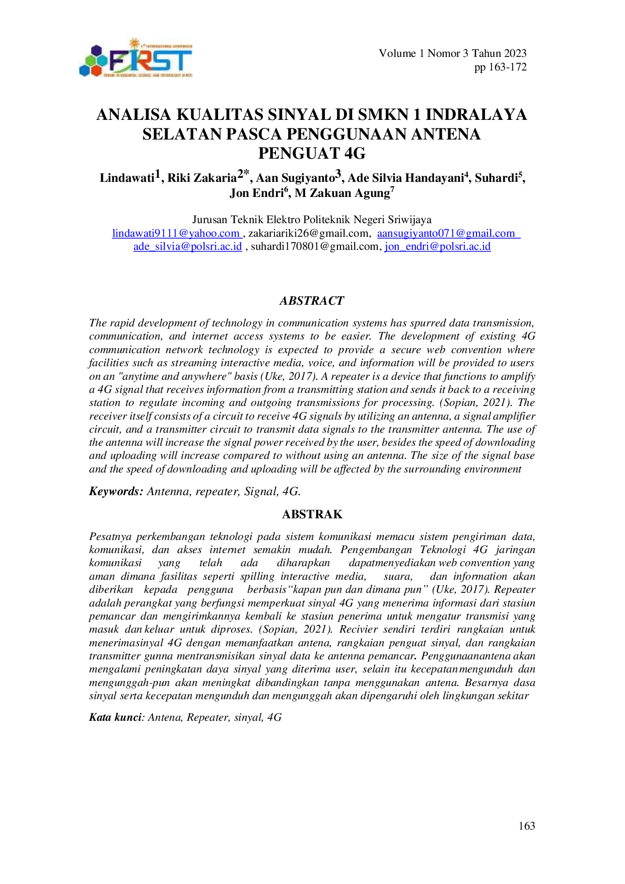JURIS Analisa Kualitas Sinyal di SMKN 1 Indralaya Selatan Pasca Penggunaan Antena Penguat 4G
