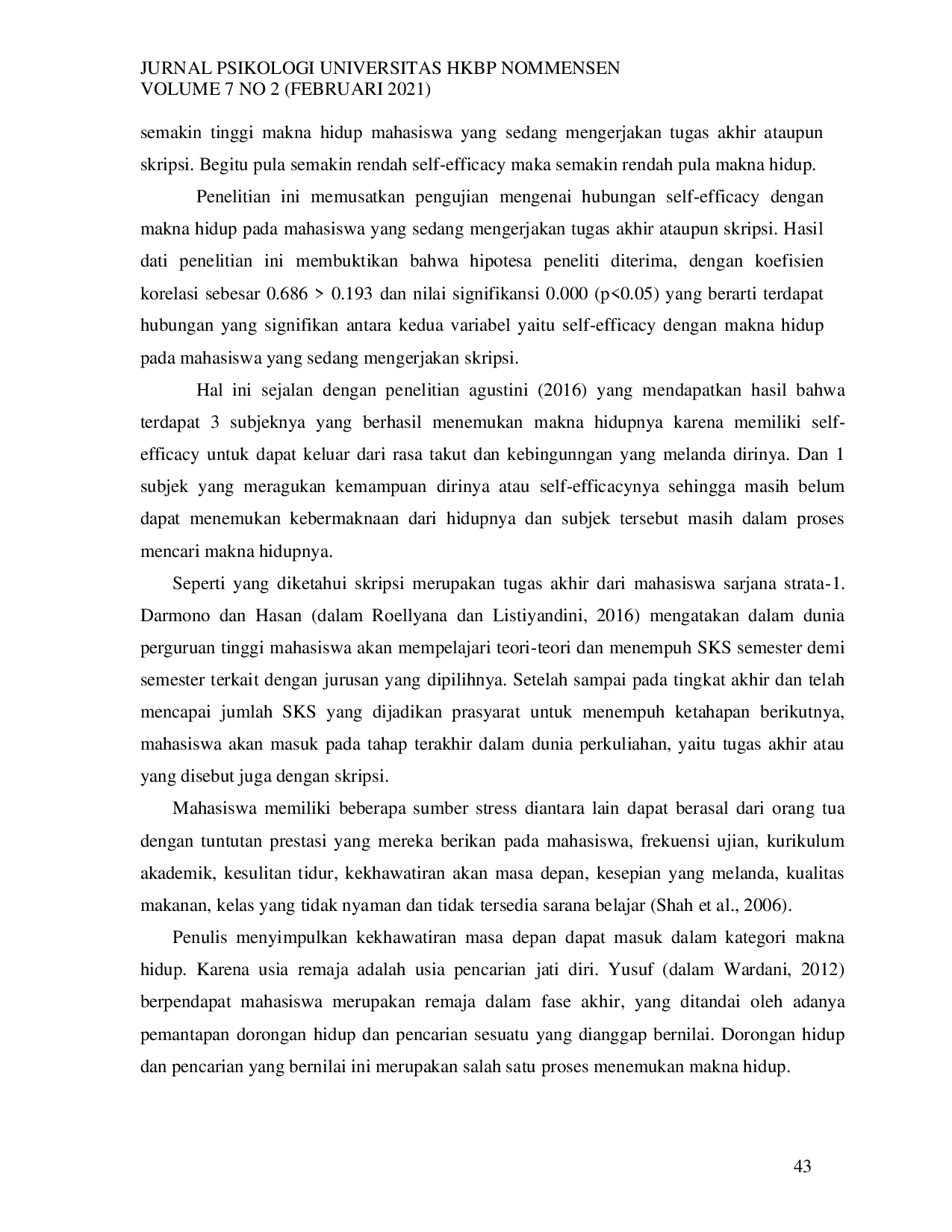 JURIS Hubungan Self Efficacy Dengan Makna Hidup Pada Mahasiswa Akhir