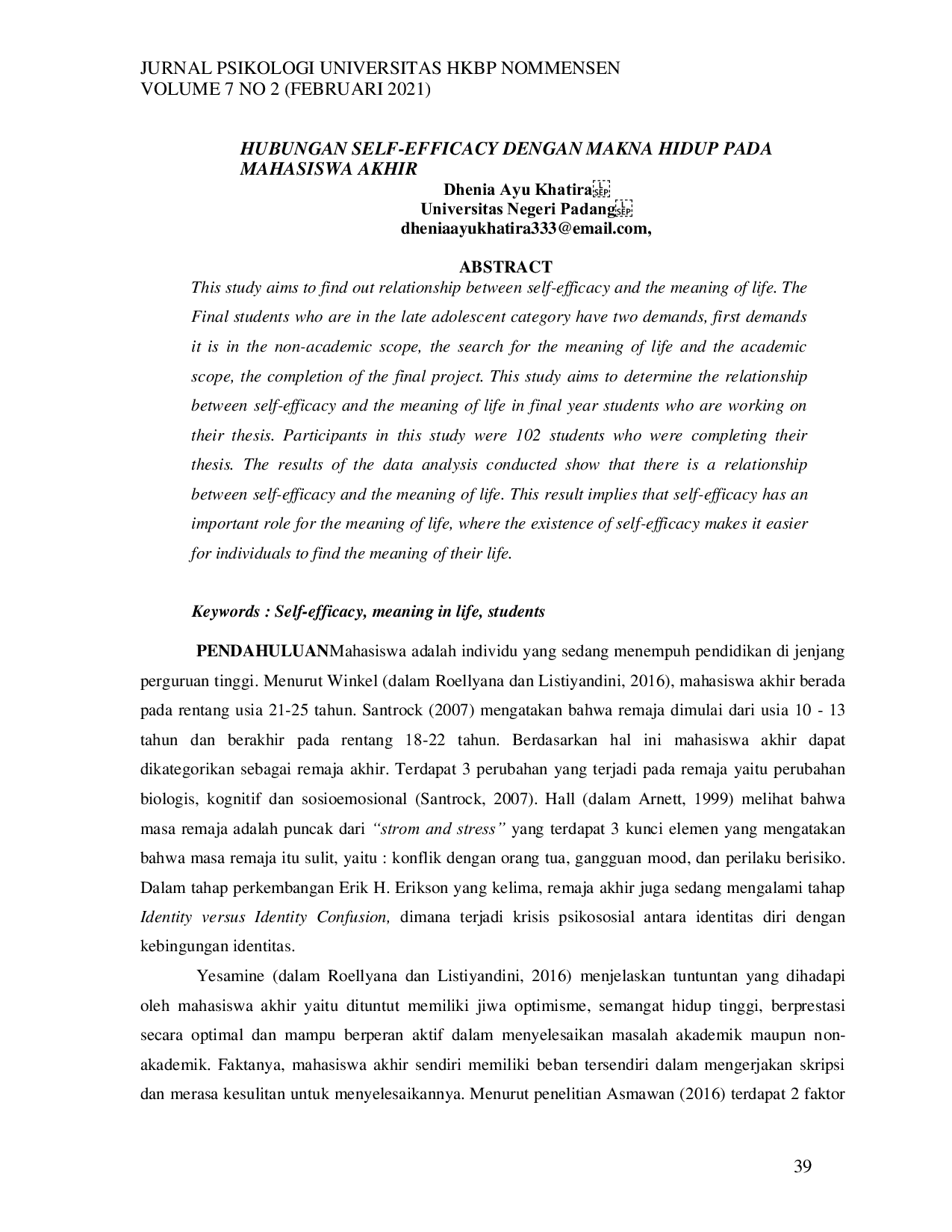 JURIS Hubungan Self Efficacy Dengan Makna Hidup Pada Mahasiswa Akhir