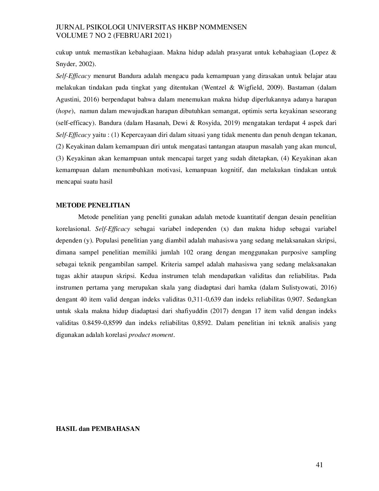 JURIS Hubungan Self Efficacy Dengan Makna Hidup Pada Mahasiswa Akhir