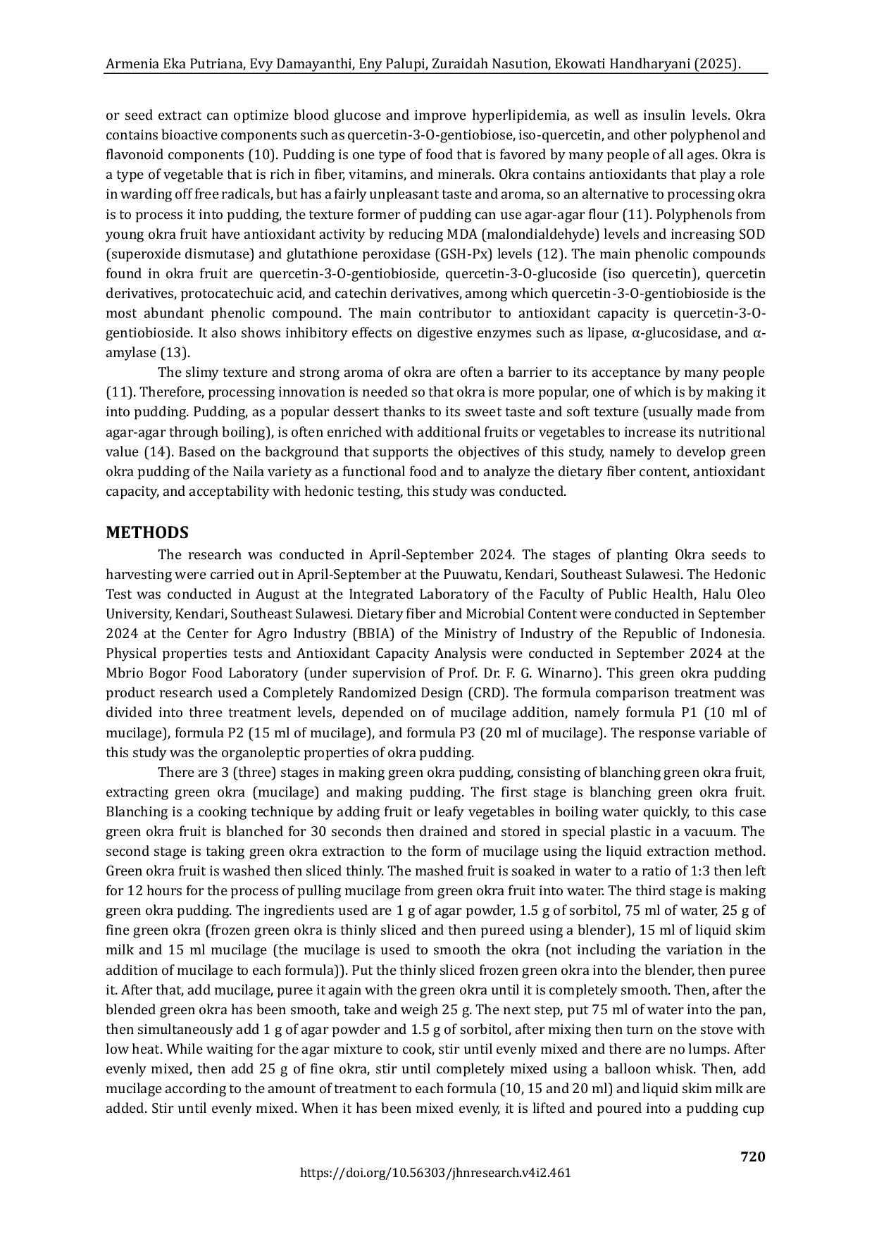 JURIS Evaluation of Dietary Fiber Antioxidant Capacity Physicochemical Properties and Consumer Acceptability of a Green Okra Abelmoschus esculentus L Pudding
