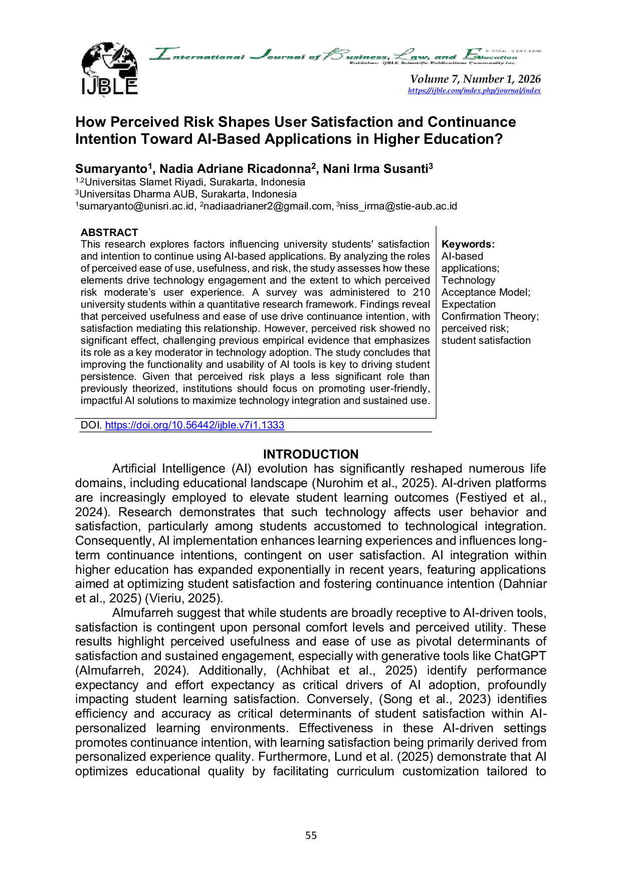 JURIS How Perceived Risk Shapes User Satisfaction and Continuance Intention Toward AI Based Applications in Higher Education