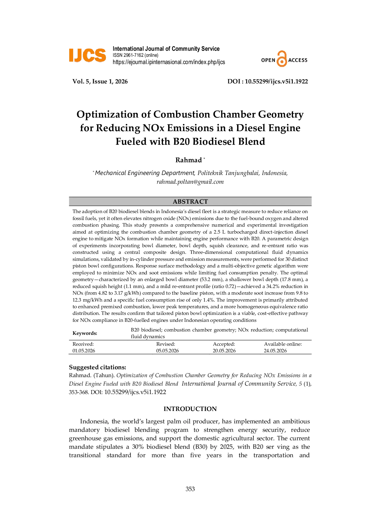 JURIS Optimization of Combustion Chamber Geometry for Reducing NOx Emissions in a Diesel Engine Fueled with B20 Biodiesel Blend