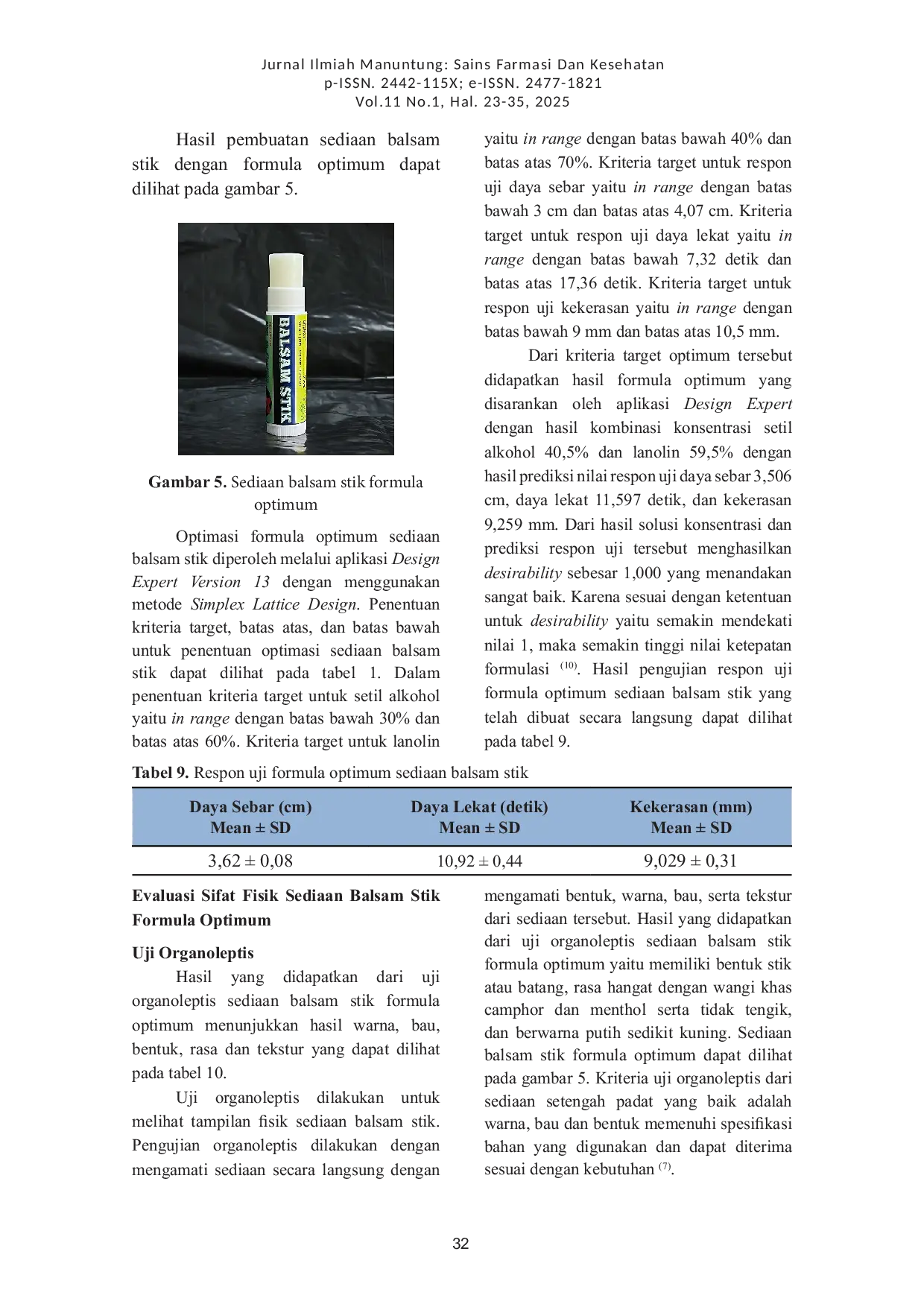 JURIS Optimasi Kombinasi Setil Alkohol dan Lanolin Pada Formula Balsam Stik Dengan Metode Simplex Lattice Design