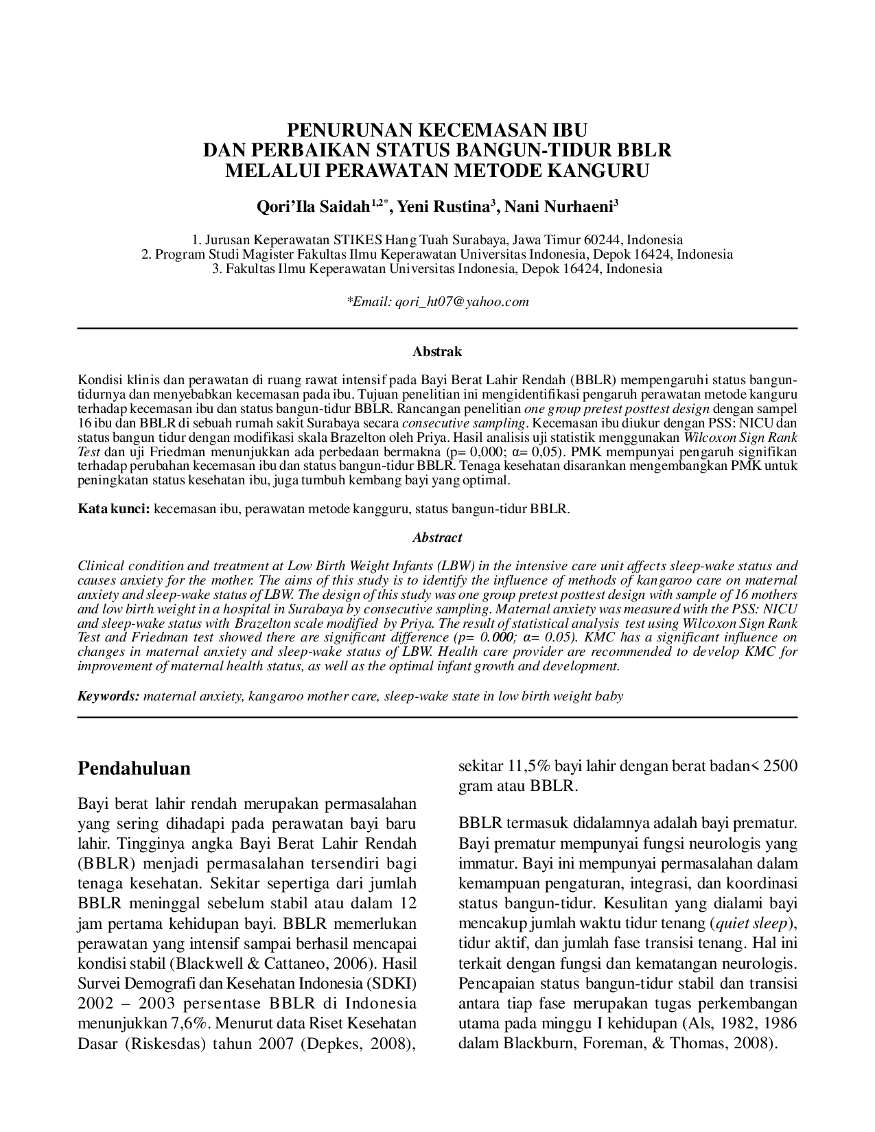 juris Penurunan Kecemasan Ibu dan Perbaikan Status Bangun Tidur BBLR melalui Perawatan Metode Kanguru