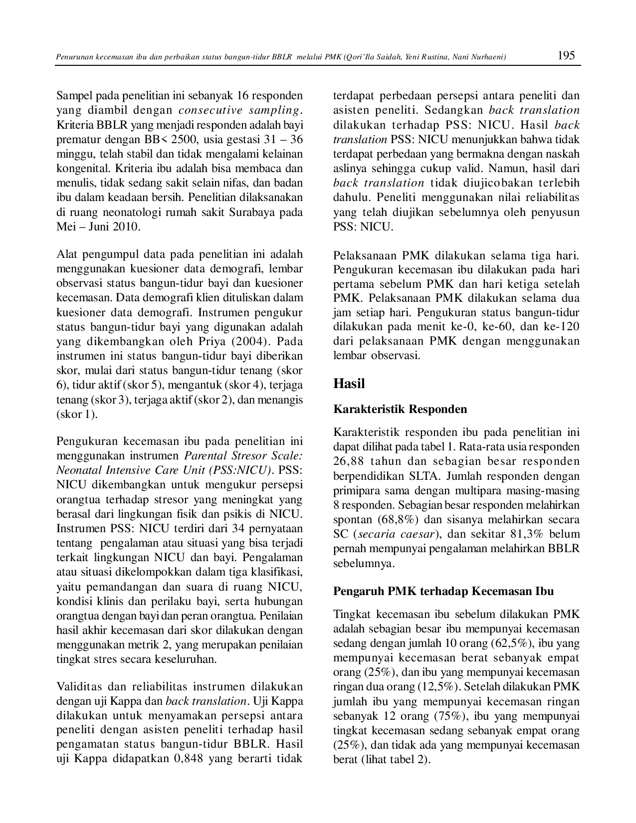 juris Penurunan Kecemasan Ibu dan Perbaikan Status Bangun Tidur BBLR melalui Perawatan Metode Kanguru