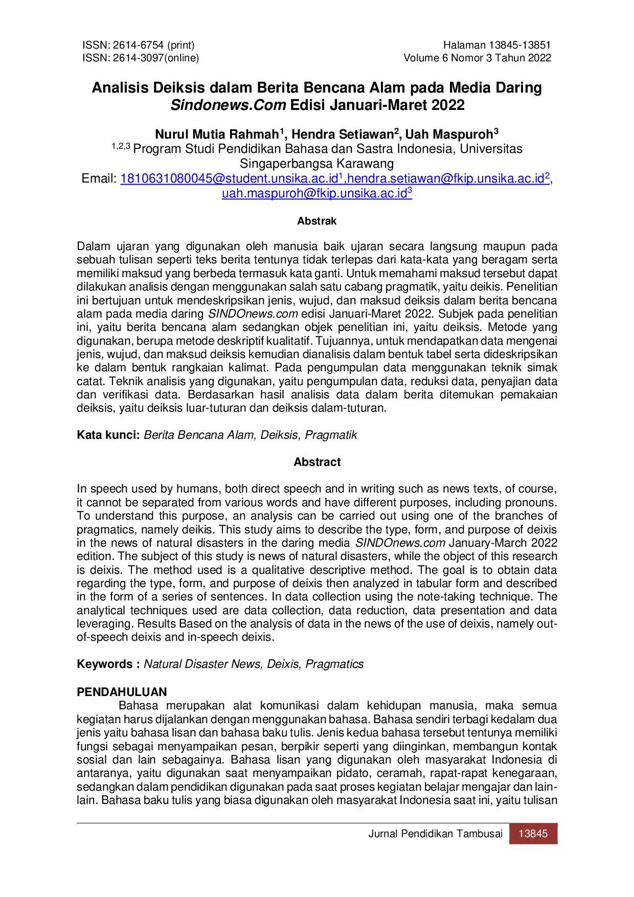 JURIS Analisis Deiksis dalam Berita Bencana Alam pada Media Daring Sindonews Com Edisi Januari Maret 2022
