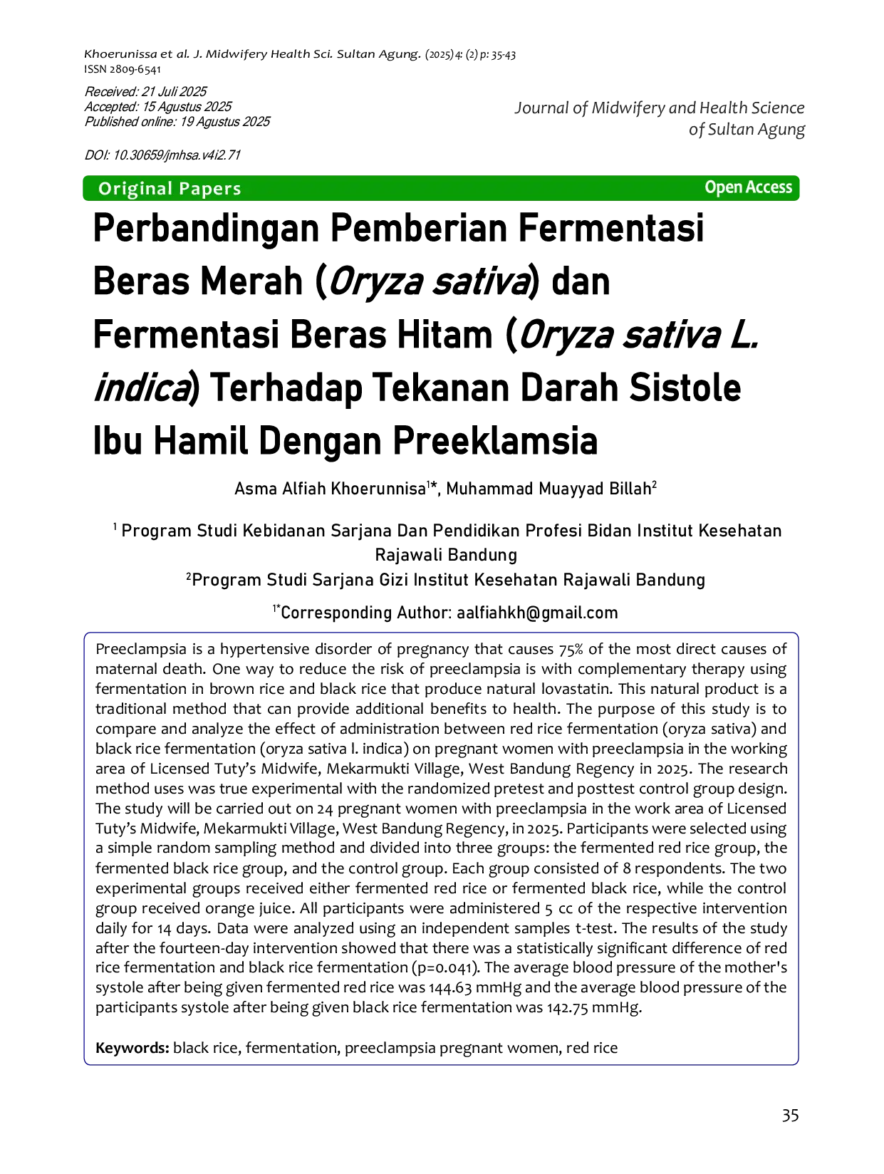 JURIS Perbandingan Pemberian Fermentasi Beras Merah Oryza sativa dan Fermentasi Beras Hitam Oryza sativa L indica Terhadap Tekanan Darah Sistole Ibu Hamil Dengan Preeklamsia