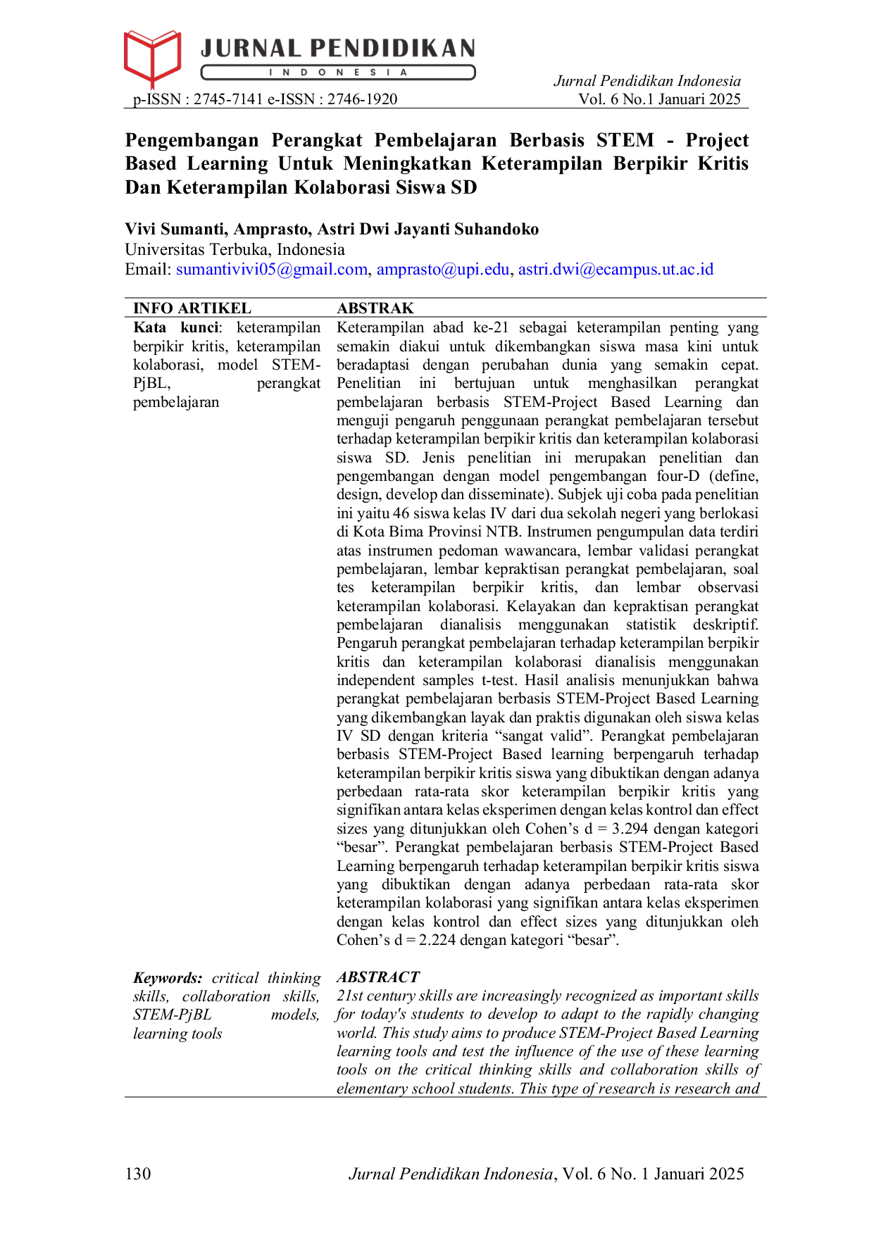JURIS Pengembangan Perangkat Pembelajaran Berbasis STEM Project Based Learning Untuk Meningkatkan Keterampilan Berpikir Kritis Dan Keterampilan Kolaborasi Siswa SD