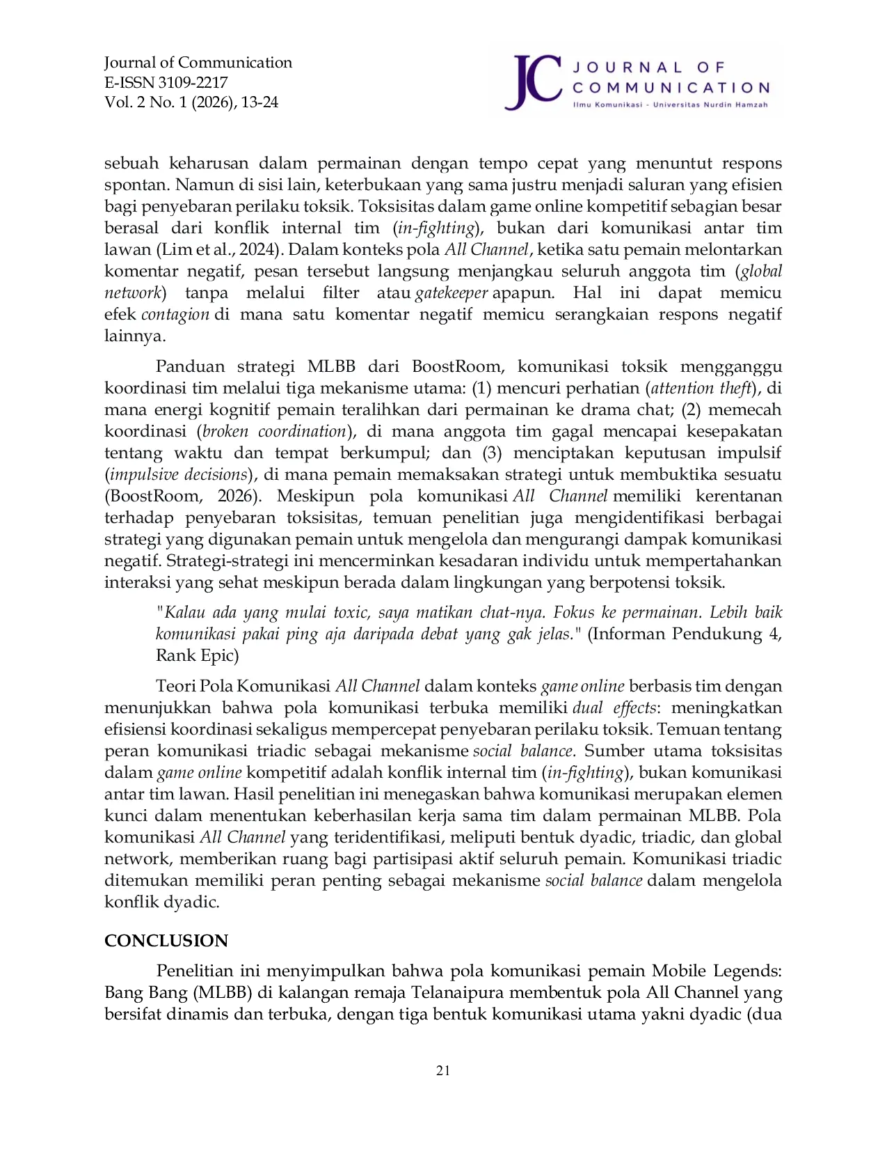 JURIS Virtual Communication among Mobile Legends Bang Bang Players through the In Game Chat Feature among Adolescents in Telanaipura Jambi City