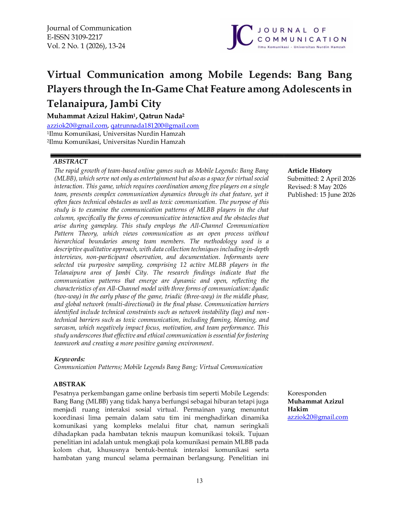 JURIS Virtual Communication among Mobile Legends Bang Bang Players through the In Game Chat Feature among Adolescents in Telanaipura Jambi City