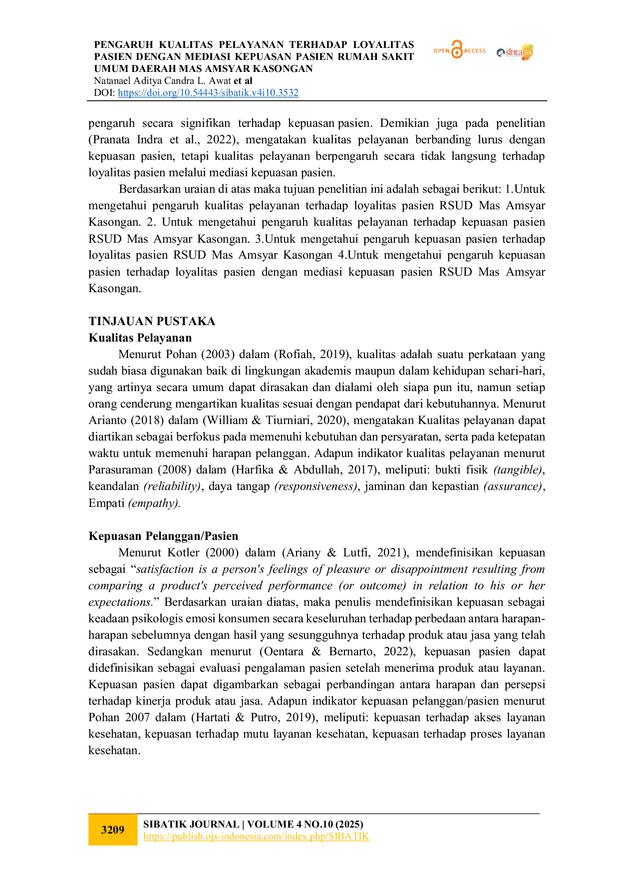 JURIS Pengaruh Kualitas Pelayanan Terhadap Loyalitas Pasien Dengan Mediasi Kepuasan Pasien Rumah Sakit Umum Daerah Mas Amsyar Kasongan