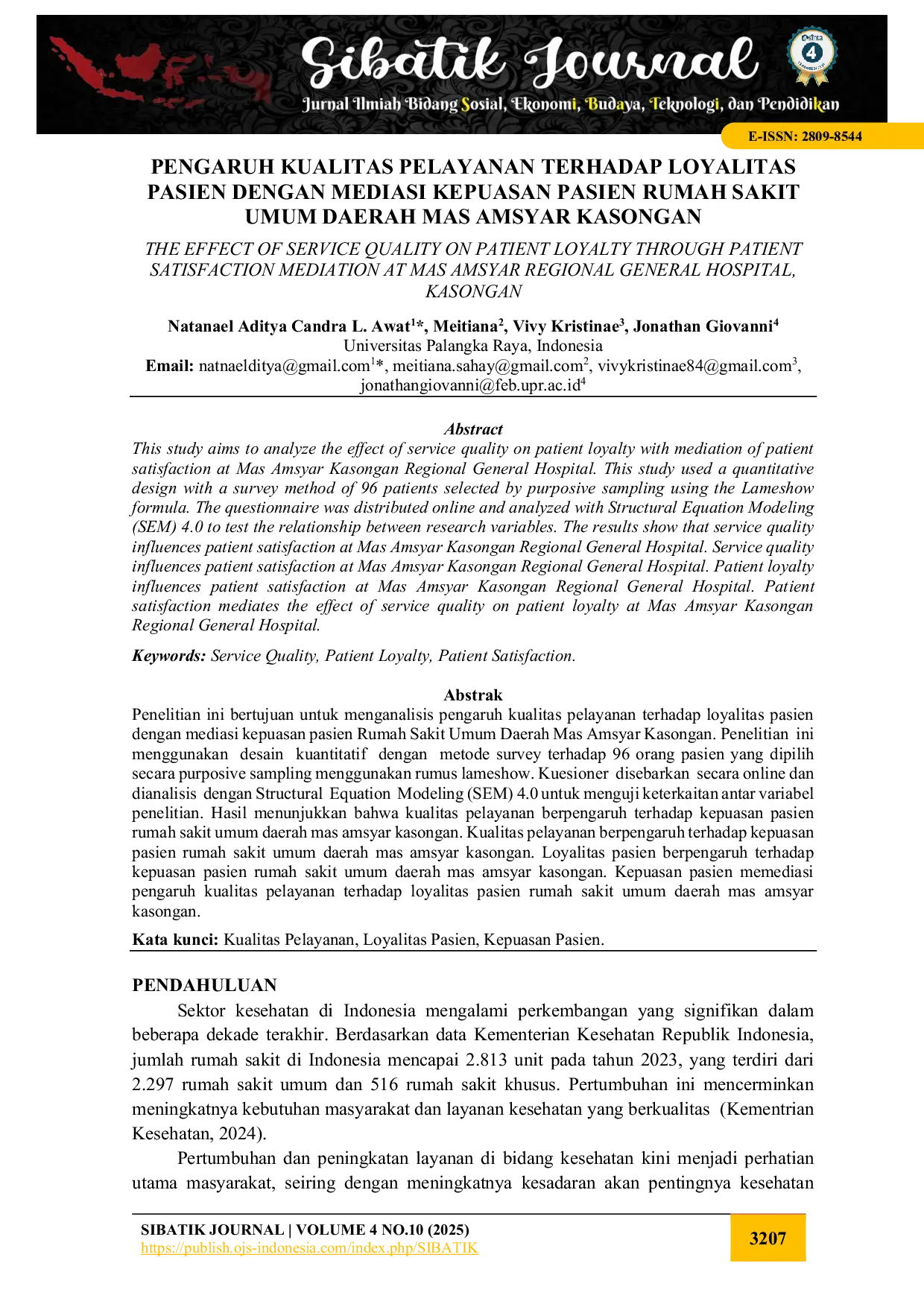 JURIS Pengaruh Kualitas Pelayanan Terhadap Loyalitas Pasien Dengan Mediasi Kepuasan Pasien Rumah Sakit Umum Daerah Mas Amsyar Kasongan
