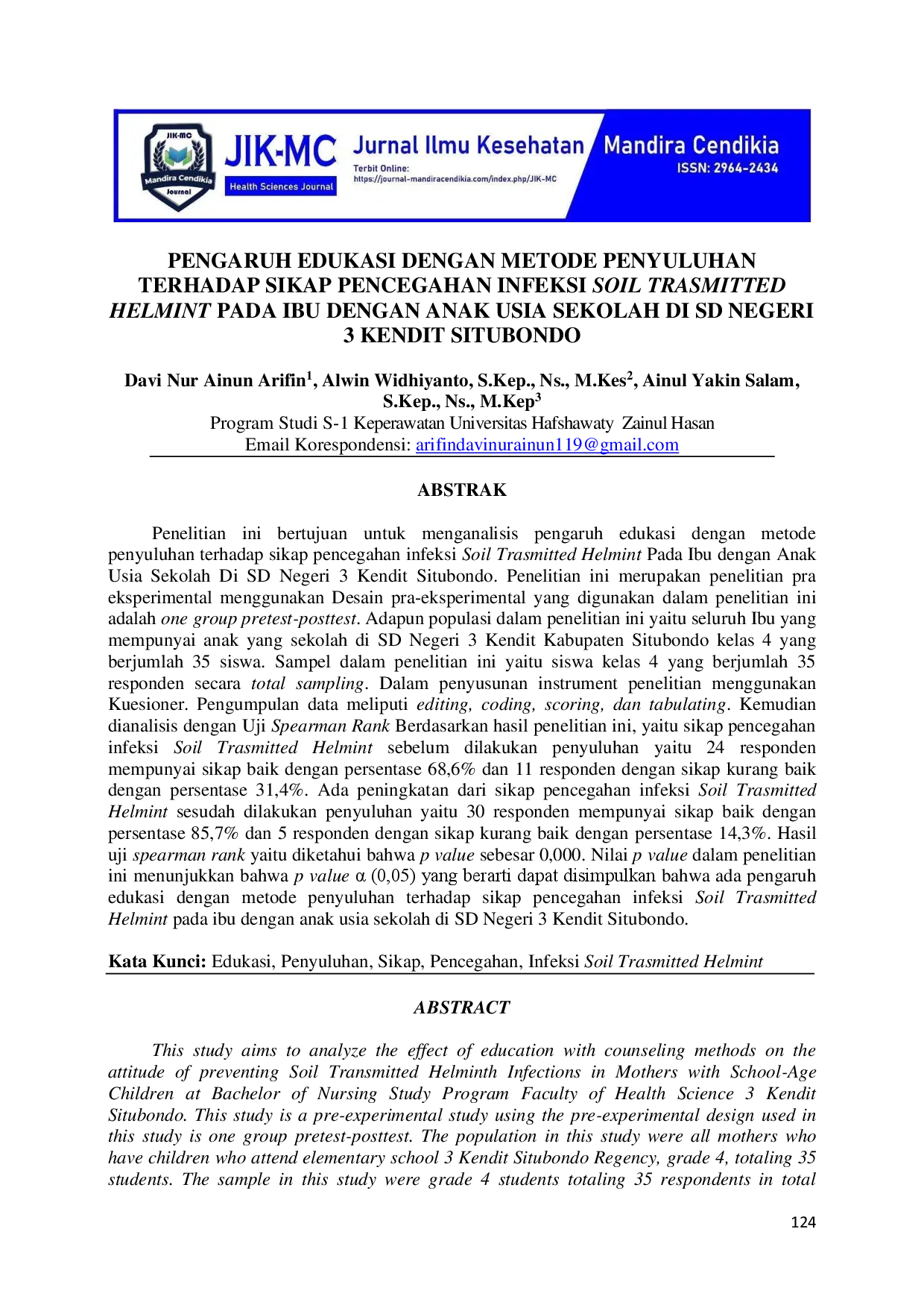 juris Pengaruh Edukasi Dengan Metode Penyuluhan Terhadap Sikap Pencegahan Infeksi Soil Trasmitted Helmint Pada Ibu Dengan Anak Usia Sekolah Di SD Negeri 3 Kendit Situbondo