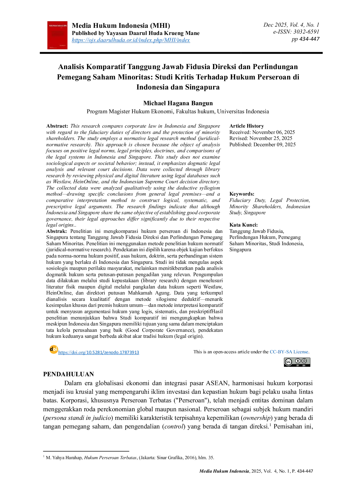 JURIS Analisis Komparatif Tanggung Jawab Fidusia Direksi dan Perlindungan Pemegang Saham Minoritas Studi Kritis Terhadap Hukum Perseroan di Indonesia dan Singapura