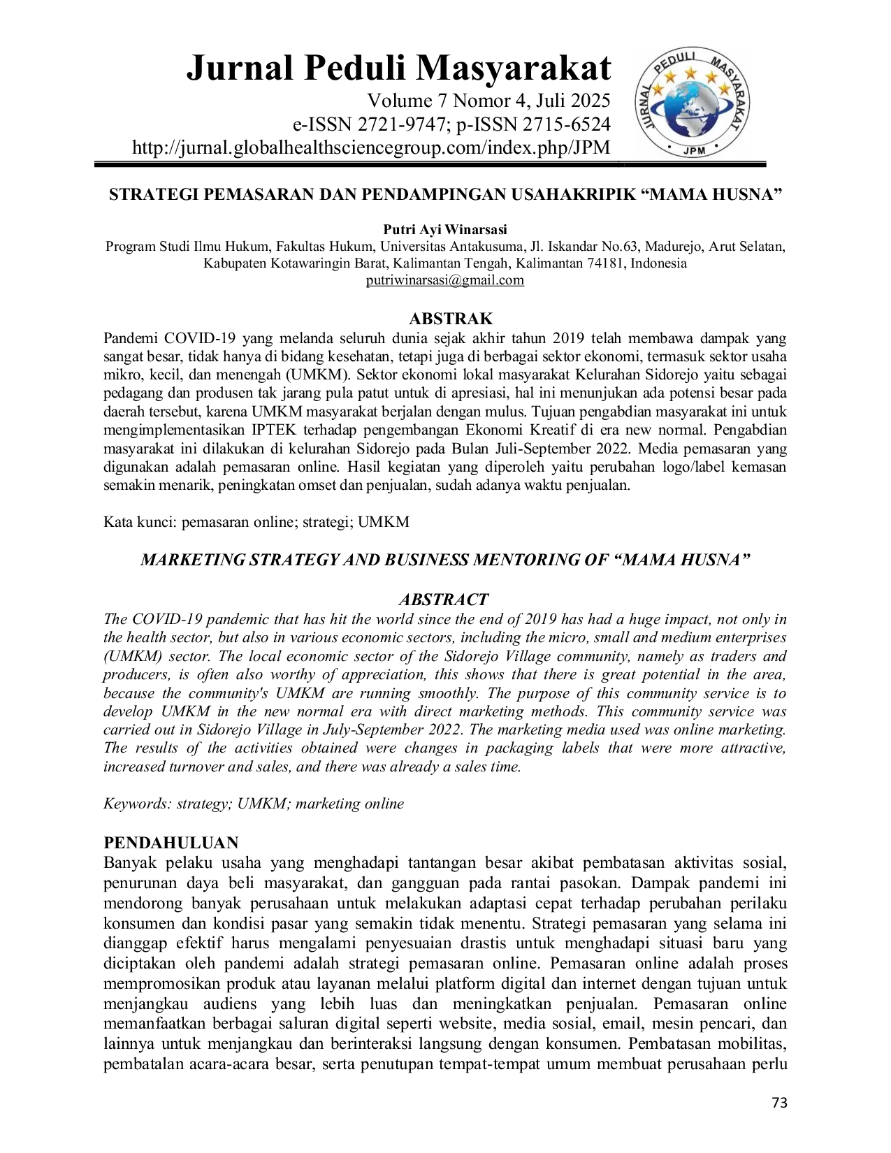 JURIS Strategi Pemasaran dan Pendampingan Usaha kripik Mama Husna