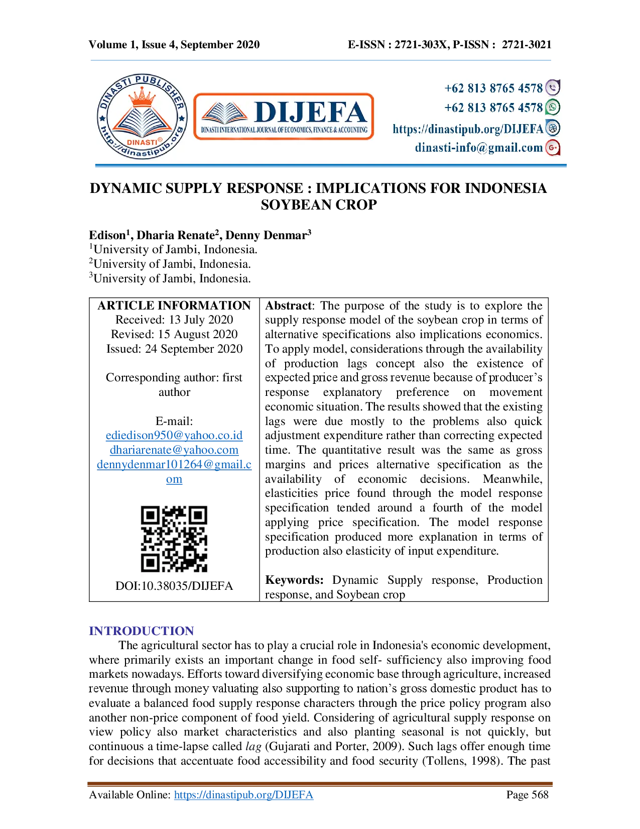 juris Dynamic Supply Response Implications for Indonesia Soybean Crop