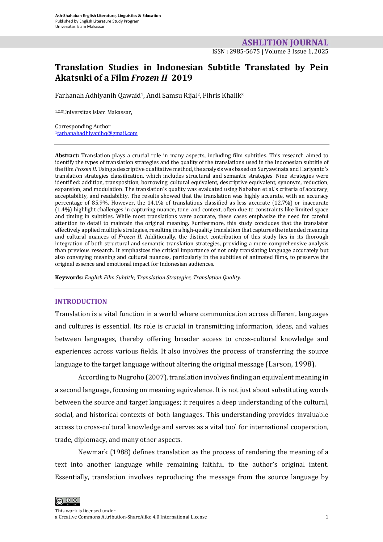JURIS Translation Studies in Indonesian Subtitle Translated by Pein Akatsuki of a Film Frozen II 2019