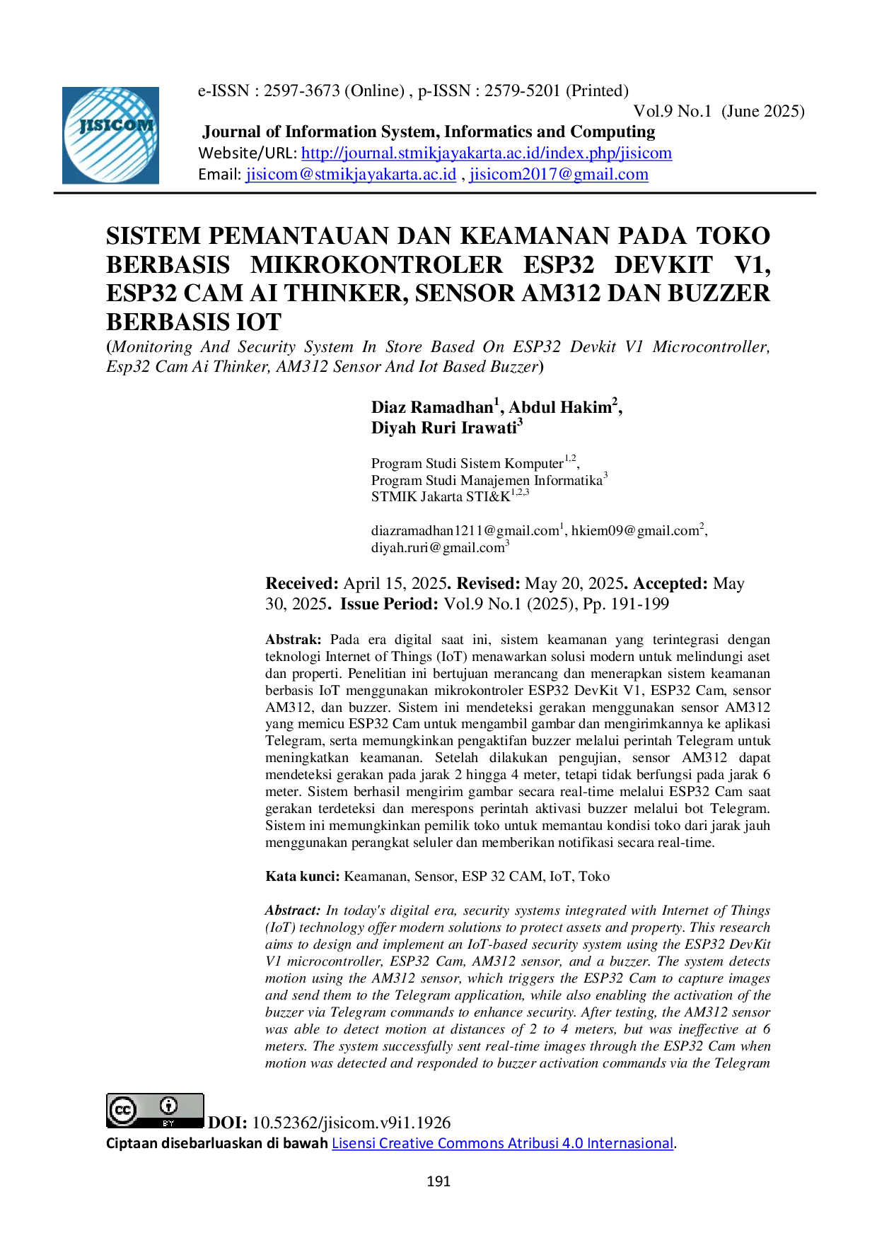 JURIS Sistem Pemantauan Dan Keamanan Pada Toko Berbasis Mikrokontroler ESP32 Devkit V1 ESP32 Cam AI Thinker Sensor AM312 Dan Buzzer Berbasis IoT
