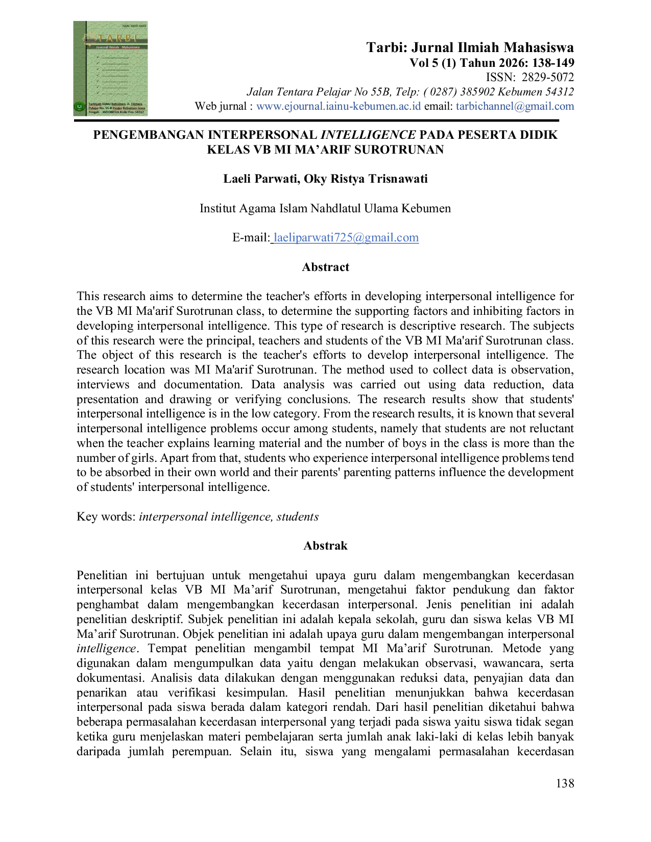 JURIS Pengembangan Interpersonal Intelligence Pada Peserta Didik Kelas VB MI Ma arif Surotrunan