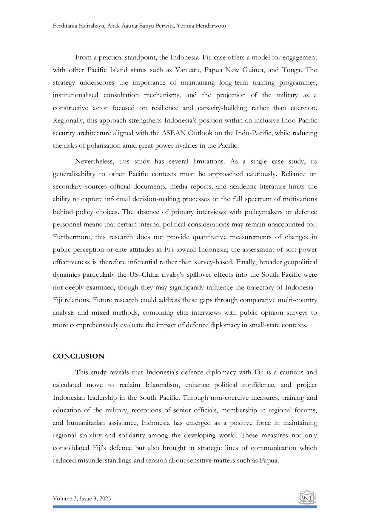 JURIS Indonesia s Defense Diplomacy Toward Fiji on the Papua Issue Strengthening Bilateral Cooperation and Regional Stability