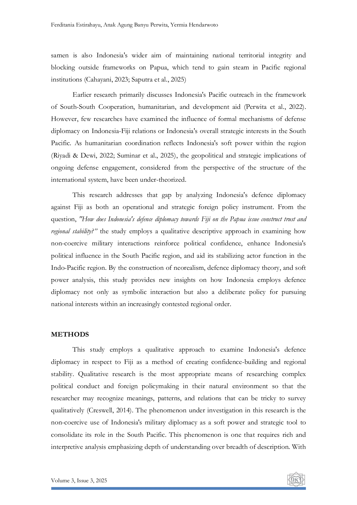 JURIS Indonesia s Defense Diplomacy Toward Fiji on the Papua Issue Strengthening Bilateral Cooperation and Regional Stability