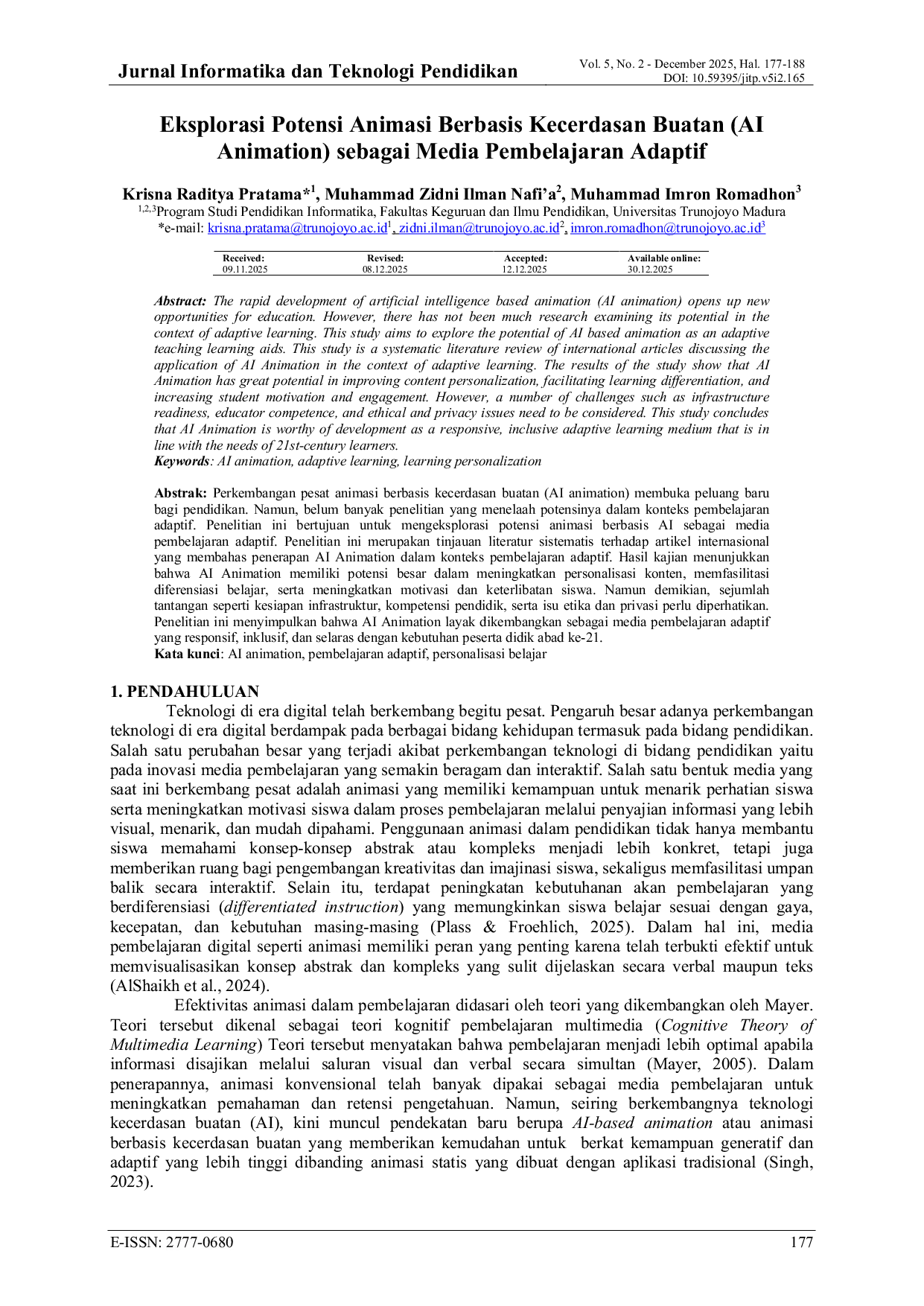 JURIS Eksplorasi Potensi Animasi Berbasis Kecerdasan Buatan AI Animation sebagai Media Pembelajaran Adaptif