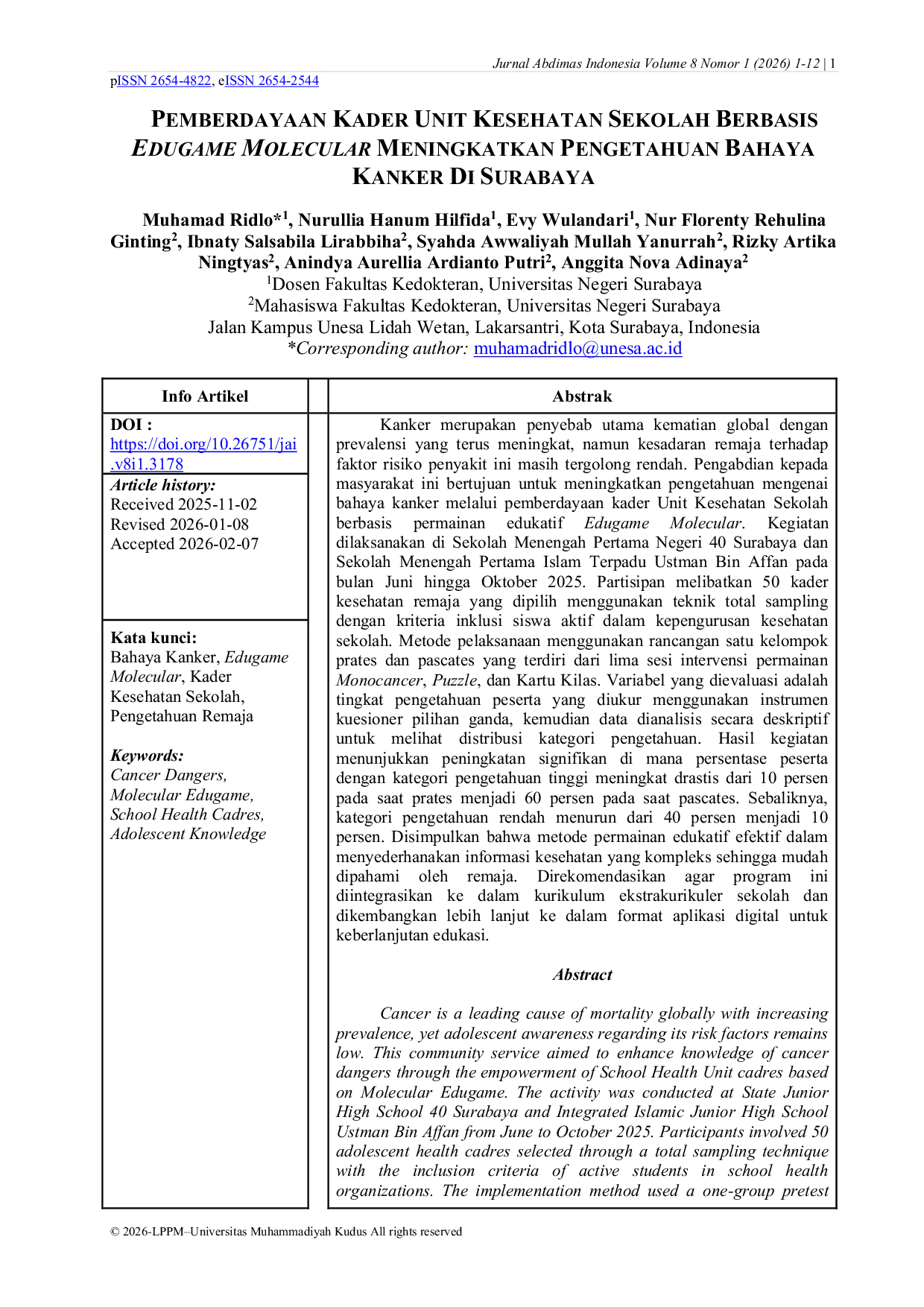 JURIS Pemberdayaan Kader Unit Kesehatan Sekolah Berbasis Edugame Molecular Meningkatkan Pengetahuan Bahaya Kanker Di Surabaya