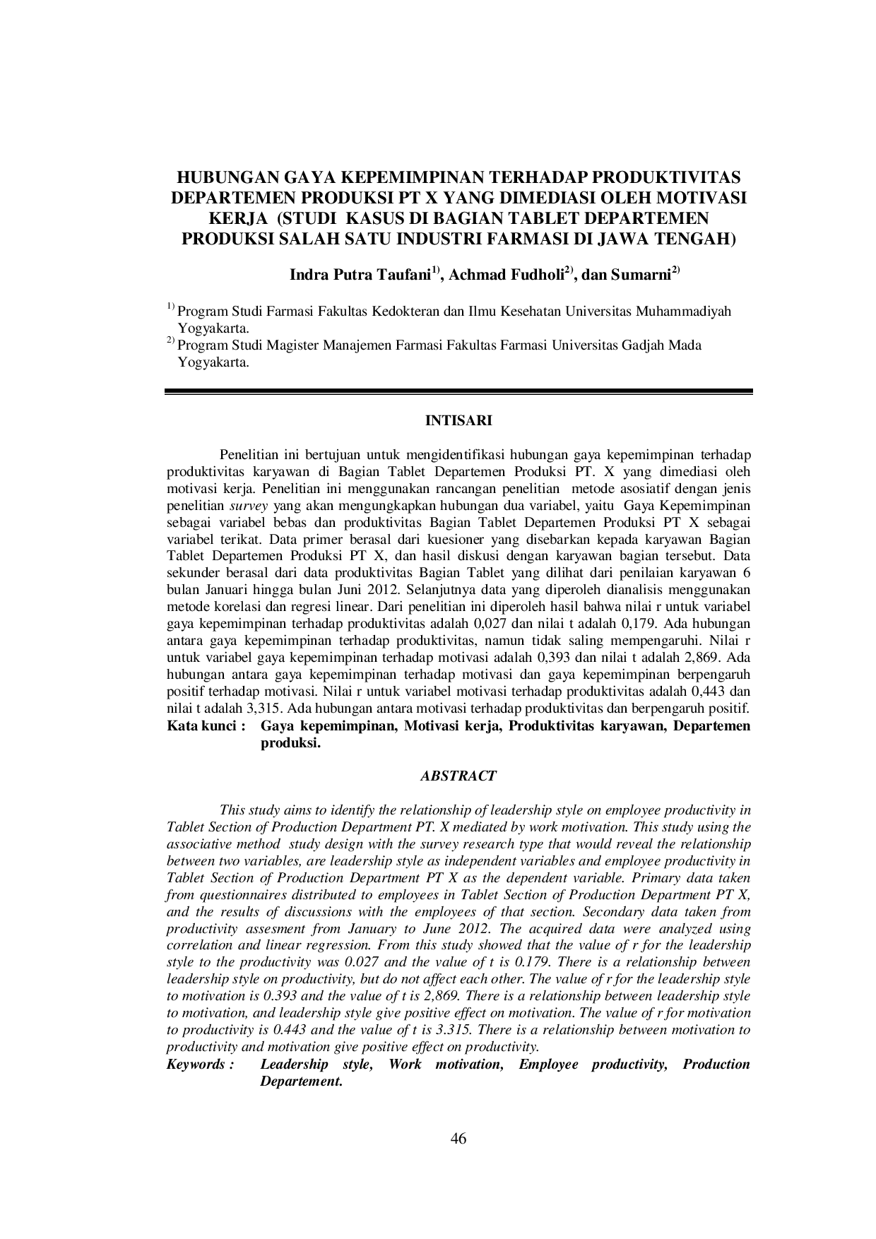 juris Hubungan Gaya Kepemimpinan Terhadap Produktivitas Departemen Produksi PT X yang Dimediasi oleh Motivasi Kerja Studi Kasus di Bagian Tablet Departemen Produksi Salah Satu Industri Farmasi di Jawa Teng
