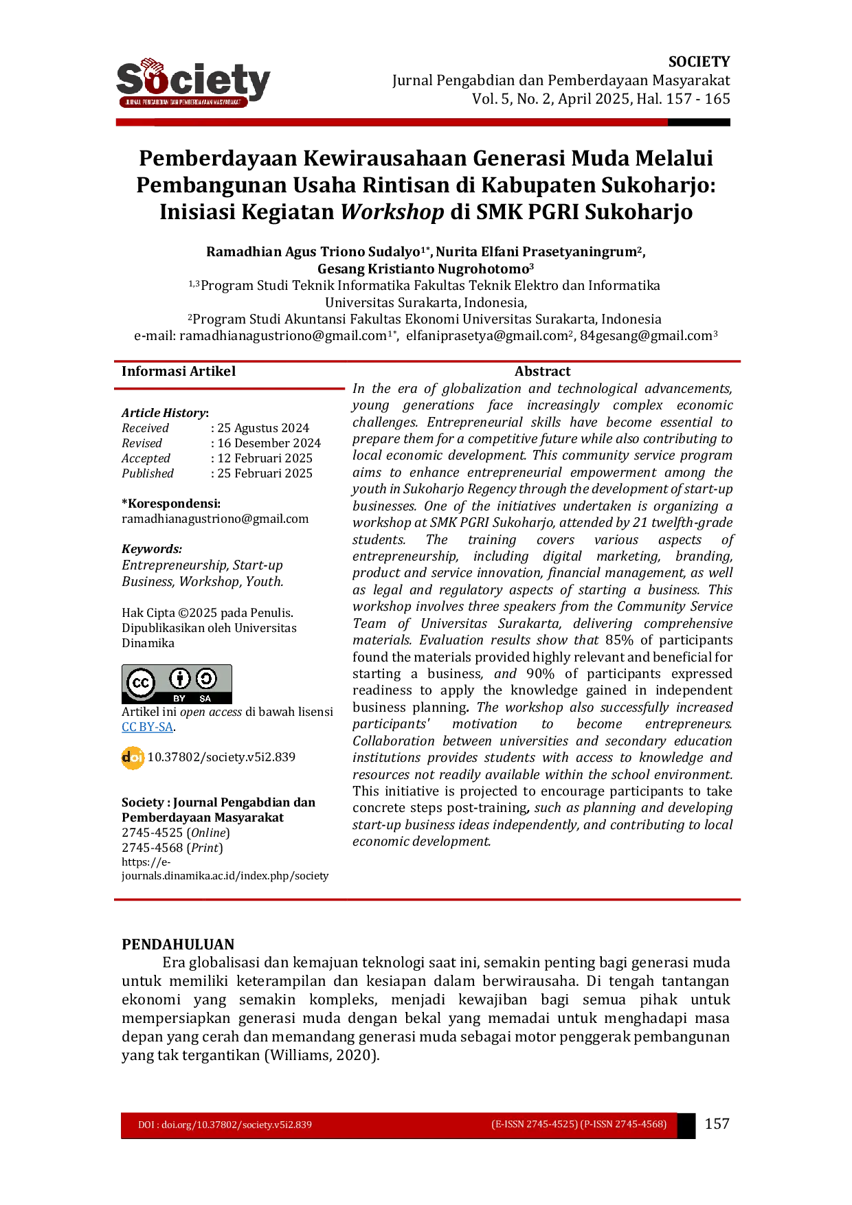 JURIS Pemberdayaan Kewirausahaan Generasi Muda Melalui Pembangunan Usaha Rintisan di Kabupaten Sukoharjo Inisiasi Kegiatan Workshop di SMK PGRI Sukoharjo