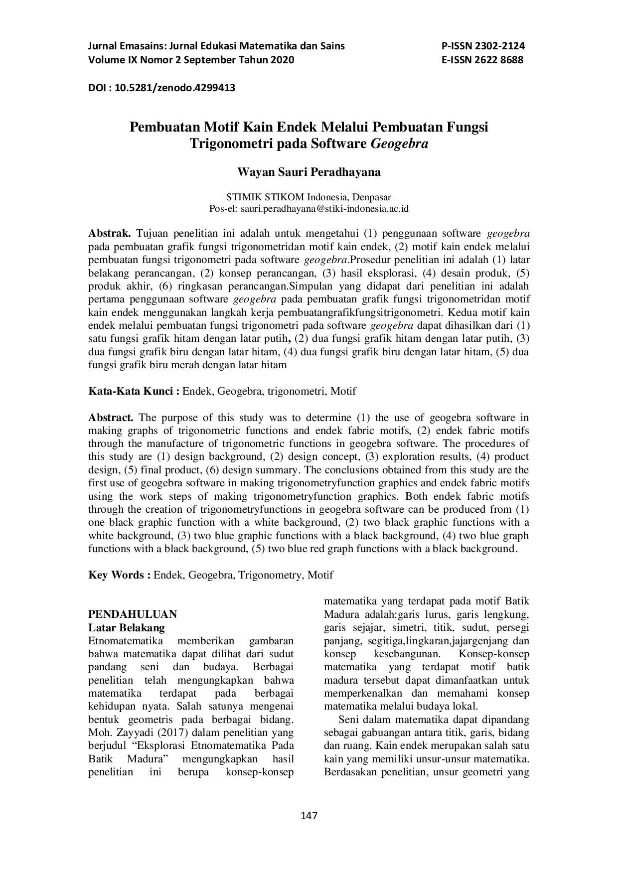 JURIS Pembuatan Motif Kain Endek Melalui Pembuatan Fungsi Trigonometri Pada Software Geogebra