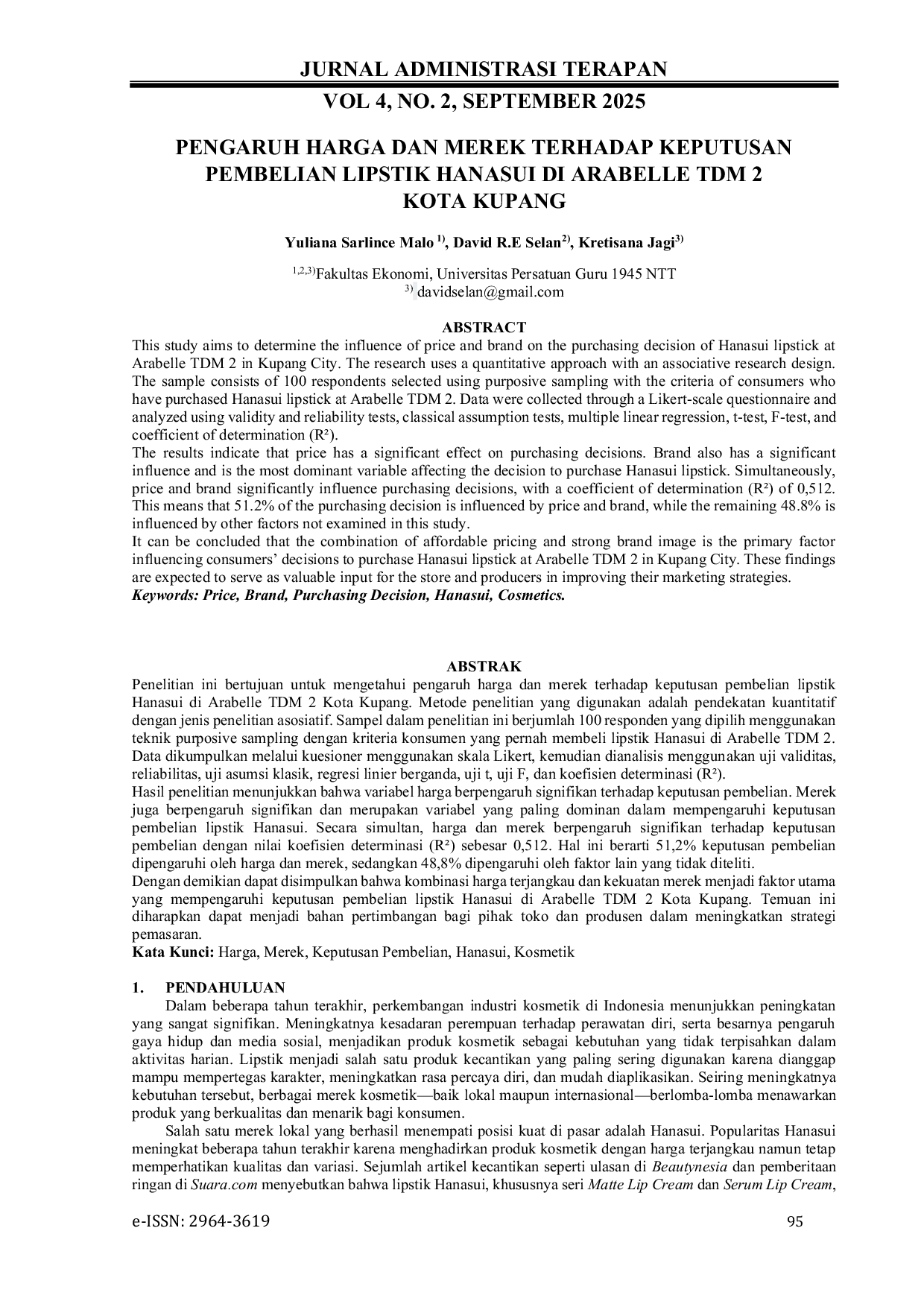 JURIS Pengaruh Harga dan Merek terhadap Keputusan Pembelian Lipstik Hanasui di Arabelle TDM 2 Kota Kupang
