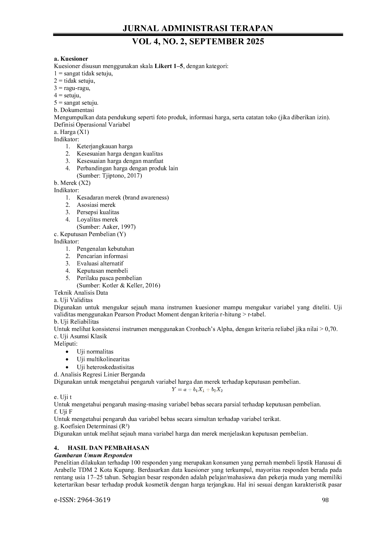 JURIS Pengaruh Harga dan Merek terhadap Keputusan Pembelian Lipstik Hanasui di Arabelle TDM 2 Kota Kupang