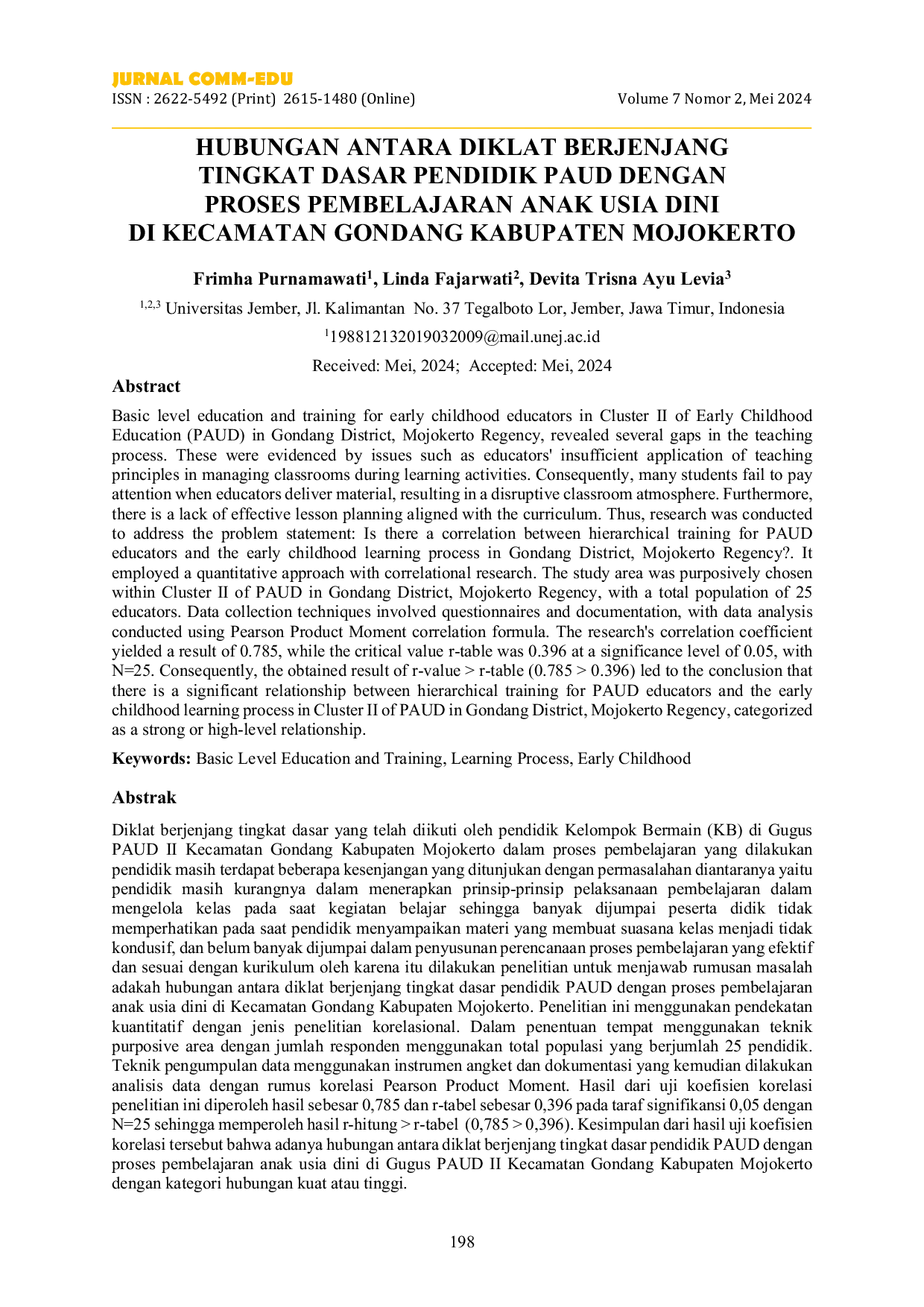 JURIS Hubungan Antara Diklat Berjenjang Tingkat Dasar Pendidik Paud Dengan Proses Pembelajaran Anak Usia Dini Di Kecamatan Gondang Kabupaten Mojokerto