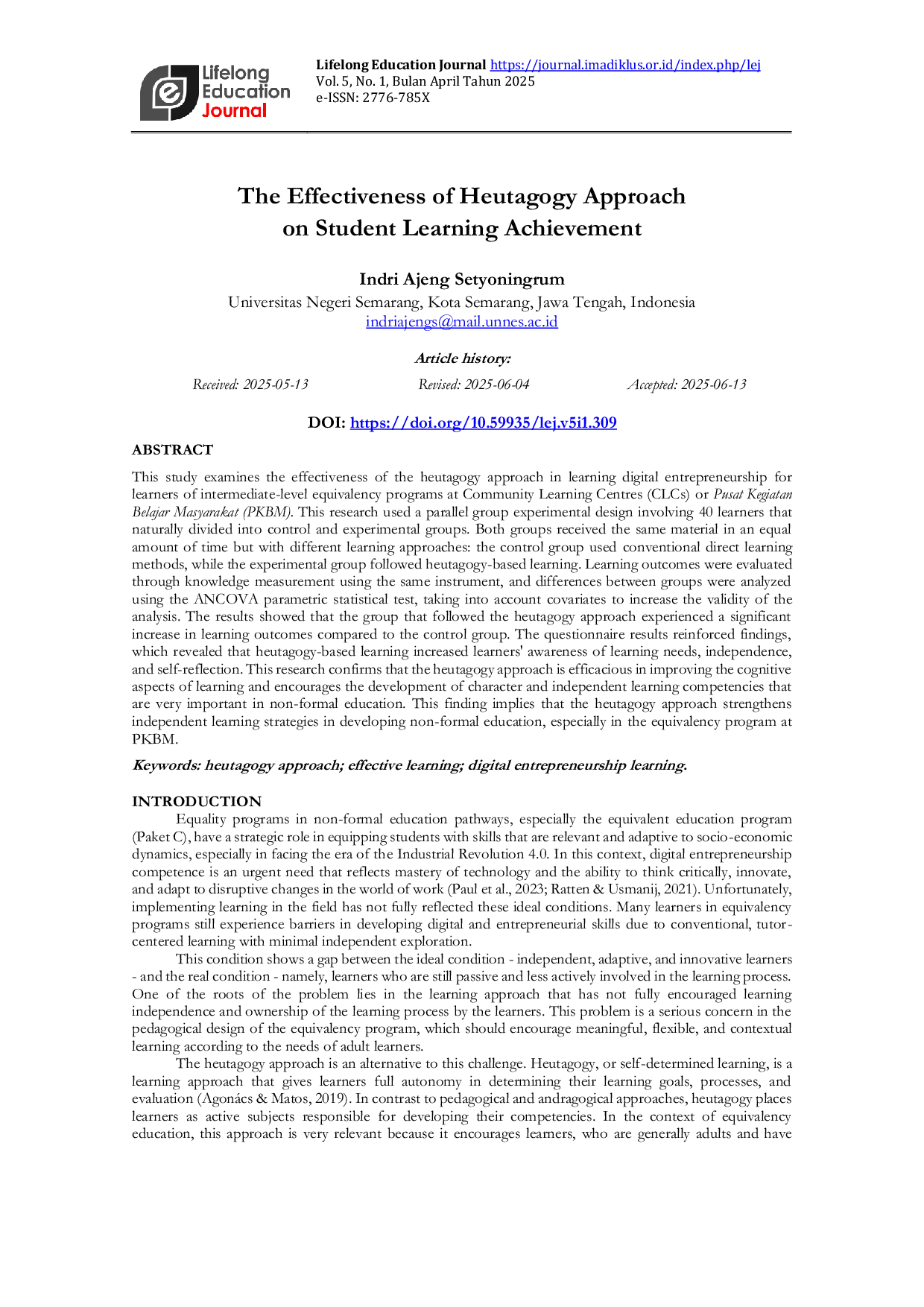 JURIS The Effectiveness of Heutagogy Approach on Student Learning Achievement