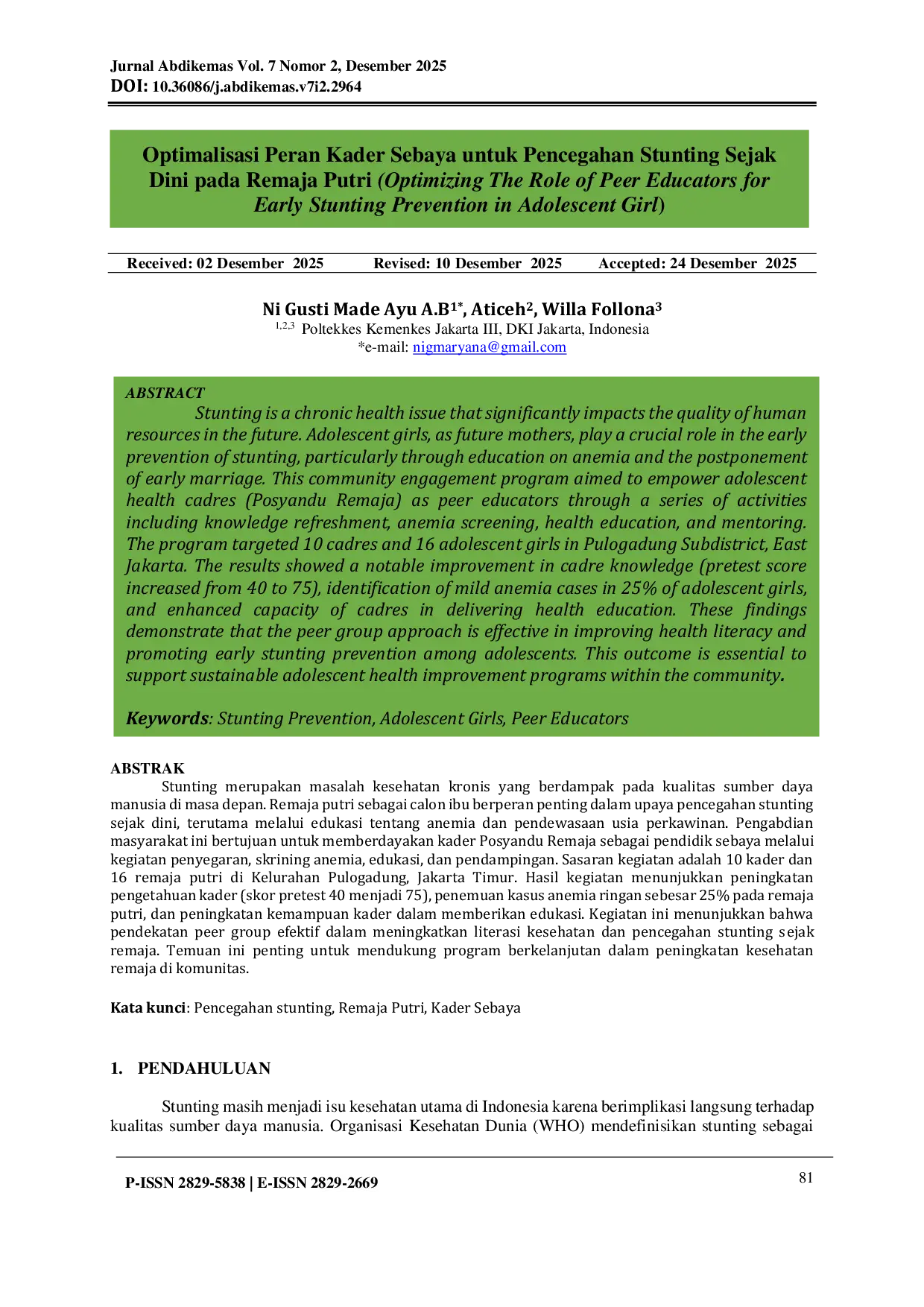 JURIS Optimalisasi Peran Kader Sebaya untuk Pencegahan Stunting Sejak Dini Pada Remaja Putri