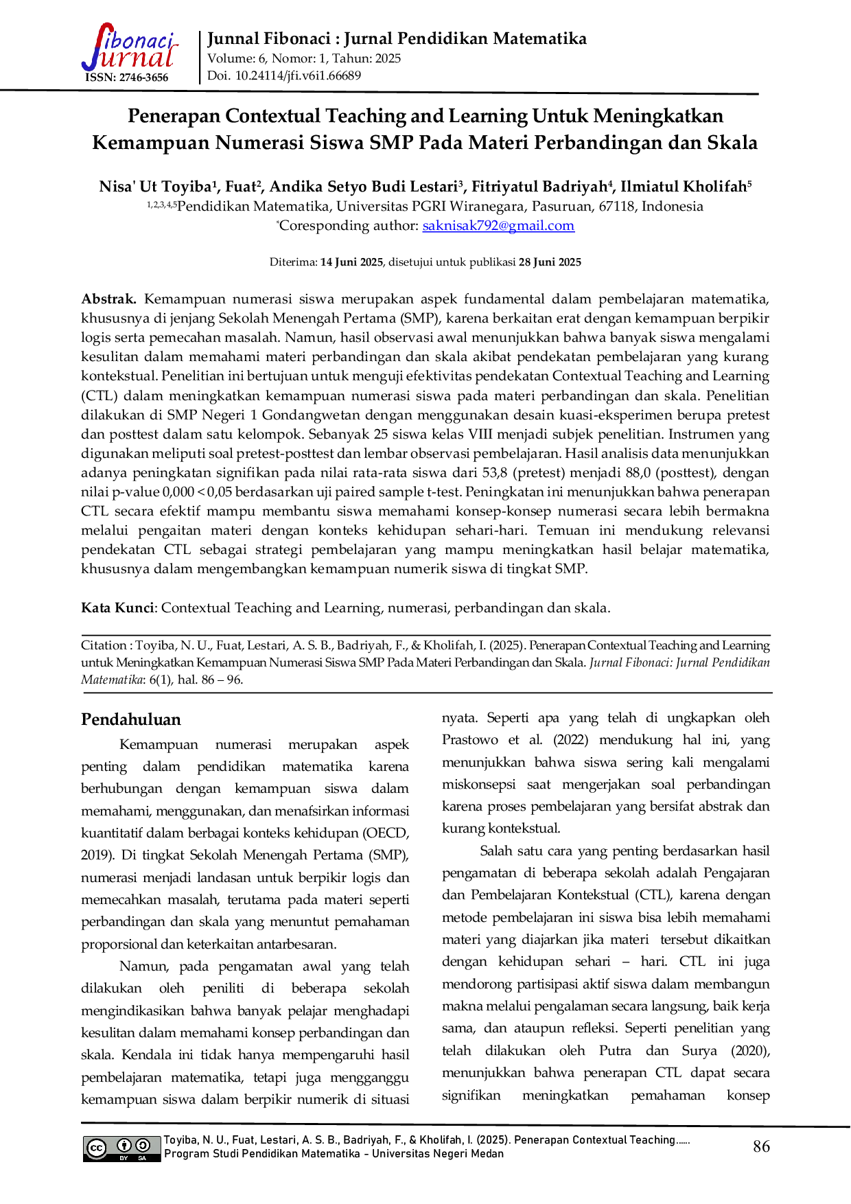 JURIS Penerapan Contextual Teaching and Learning Untuk Meningkatkan Kemampuan Numerasi Siswa SMP Pada Materi Perbandingan dan Skala