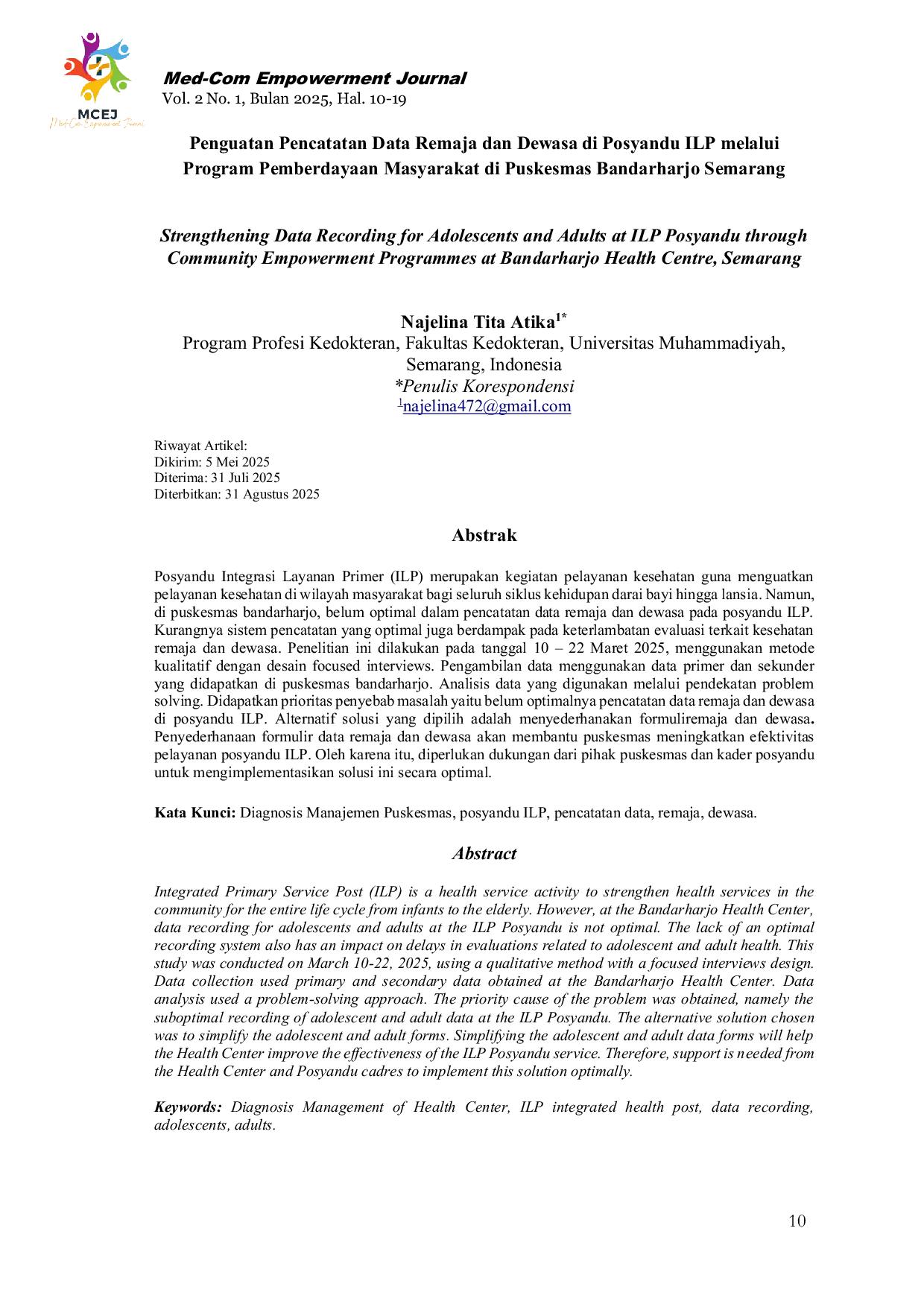 JURIS Penguatan Pencatatan Data Remaja dan Dewasa di Posyandu ILP melalui Program Pemberdayaan Masyarakat di Puskesmas Bandarharjo Semarang