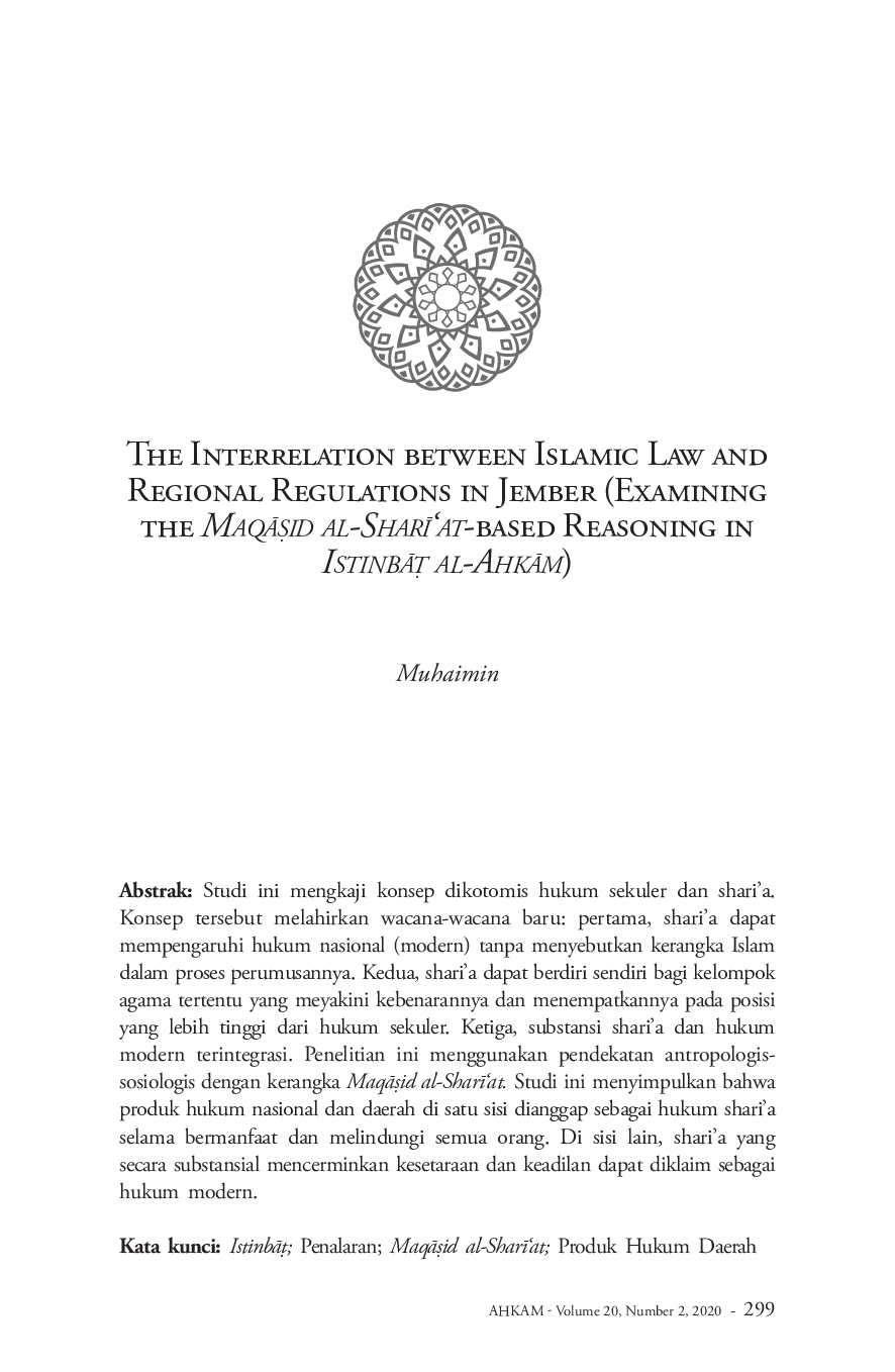 juris The Interrelation between Islamic Law and Regional Regulations in Jember Examining the MaqAid al Shar at based Reasoning in IstinbA al AhkAm