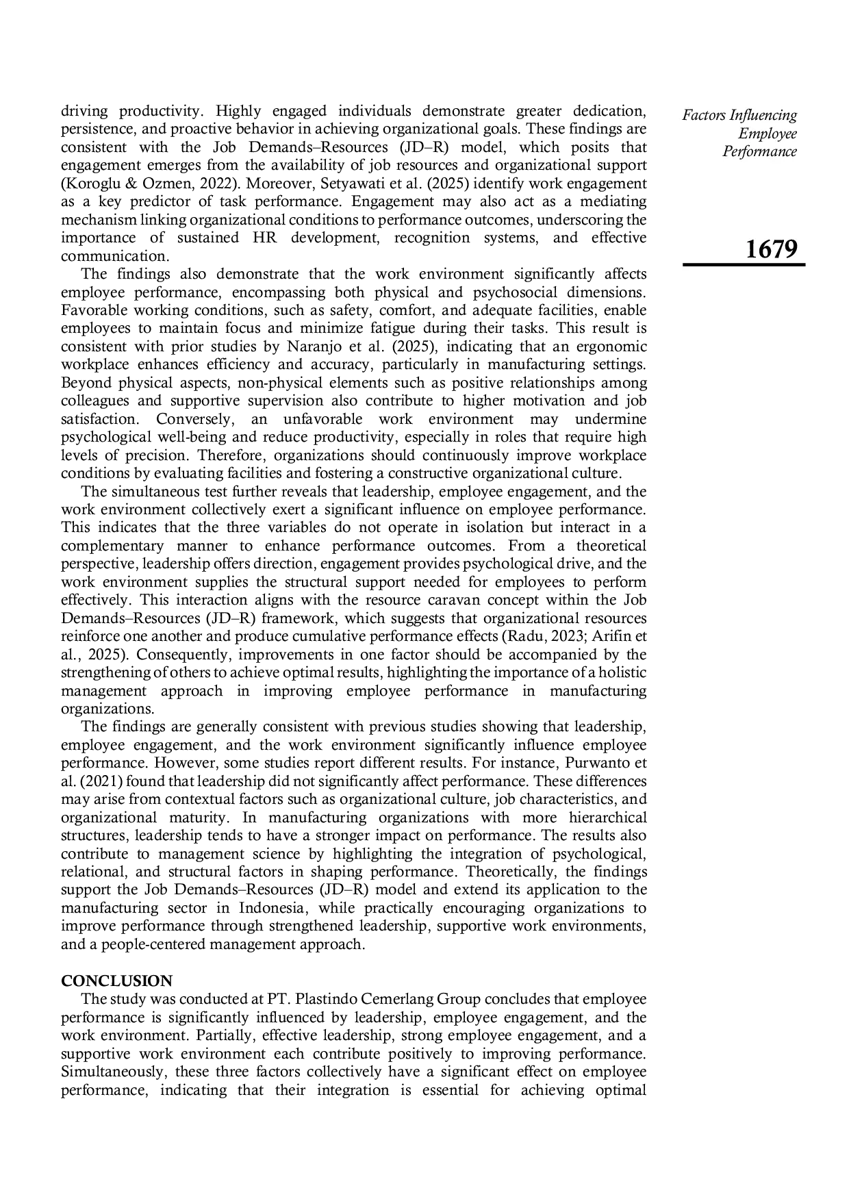 JURIS The Effect of Leadership Employee Engagement and Work Environment on Employee Performance in the Manufacturing Industry