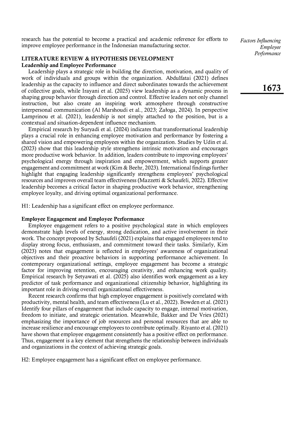 JURIS The Effect of Leadership Employee Engagement and Work Environment on Employee Performance in the Manufacturing Industry