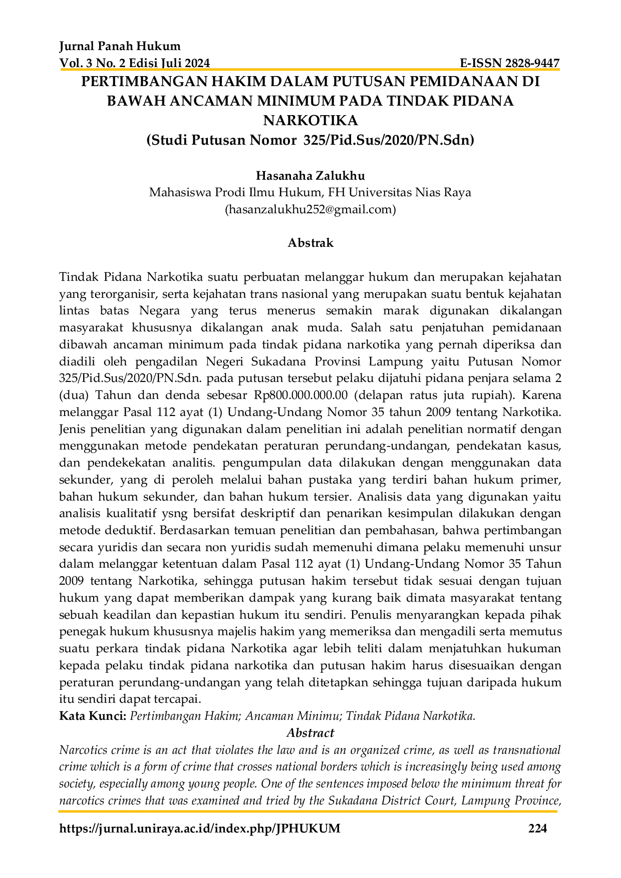 JURIS Pertimbangan Hakim Dalam Putusan Pemidanaan Di Bawah Ancaman Minimum Pada Tindak Pidana Narkotika